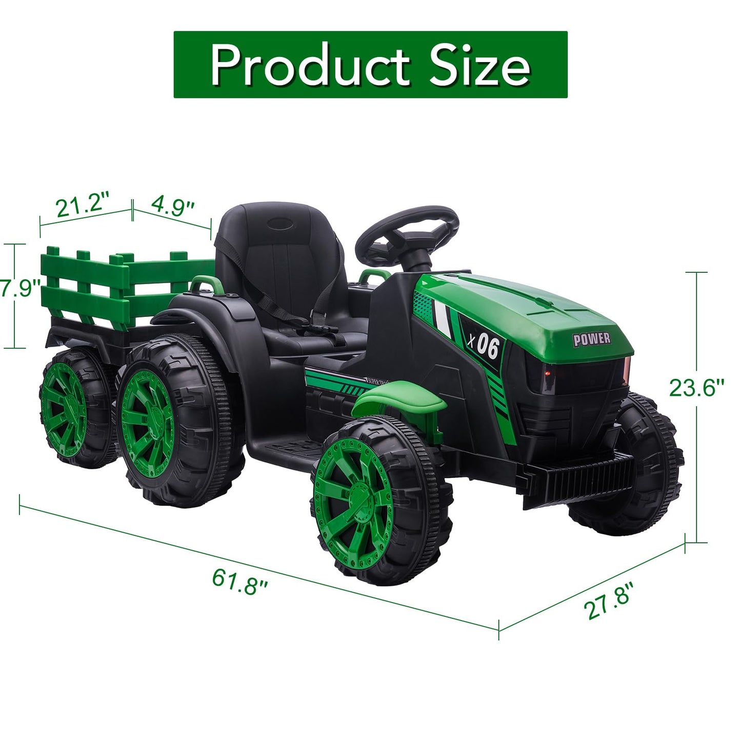 Garvee Ride - P Series: 12V Kids Ride On Tractor with Trailer, LED Lights, Battery Powered Toy Vehicle for Boys Girls, Outdoor Play Farm Truck Green