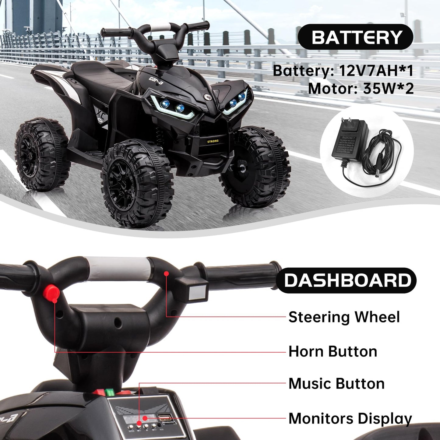 Garvee Ride - P Series: 12V Kids Quad ATV 4 Wheeler, Music, LED Lights, Battery Powered Ride On Toy for Boys Girls, Outdoor Adventure Vehicle Black
