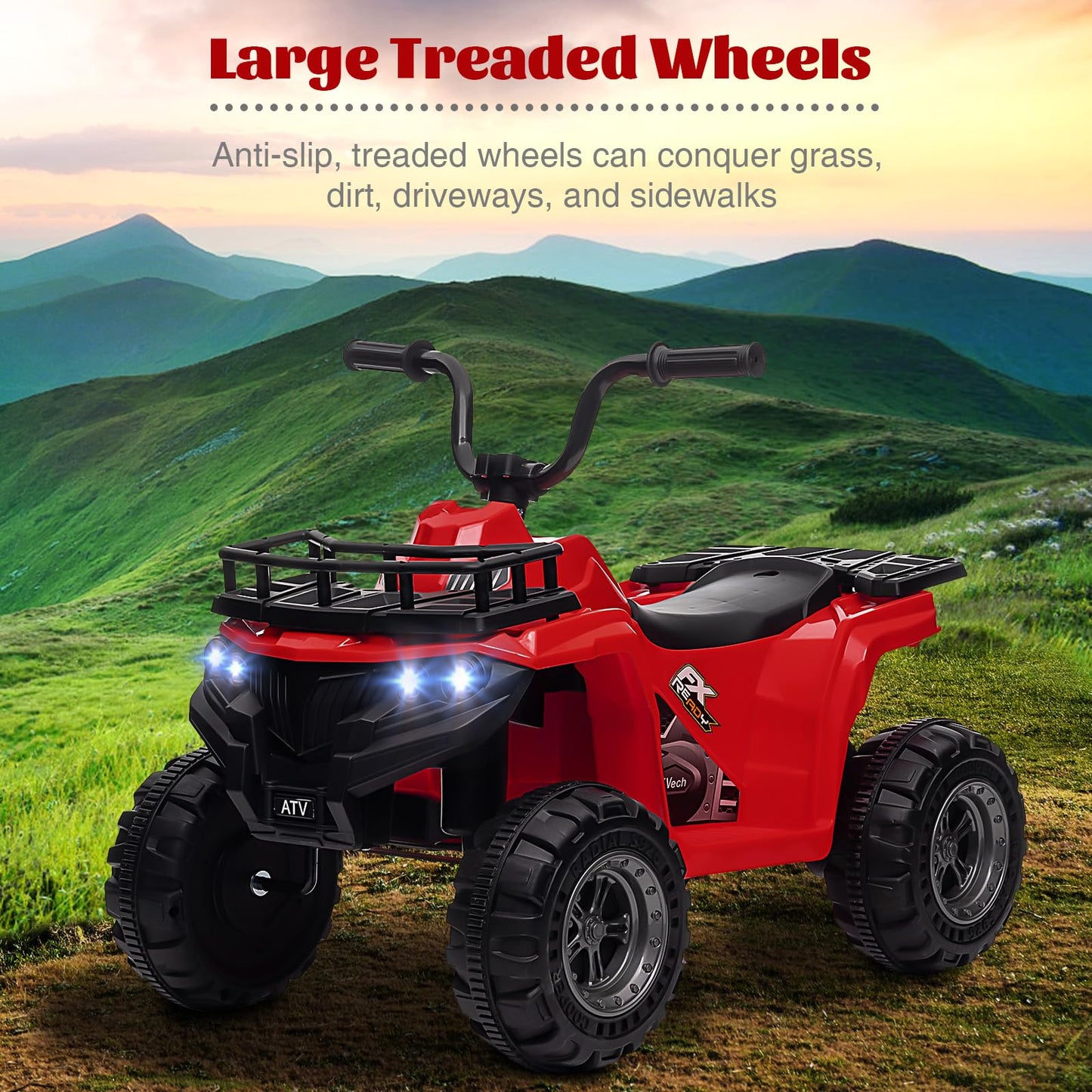 Garvee Ride - P Series: 12V Kids Ride On Electric Quad ATV, Ride Car Toy with Bluetooth Audio,High/Low Speed, LED Headlights, Battery Indicator & Radio Orange - Red