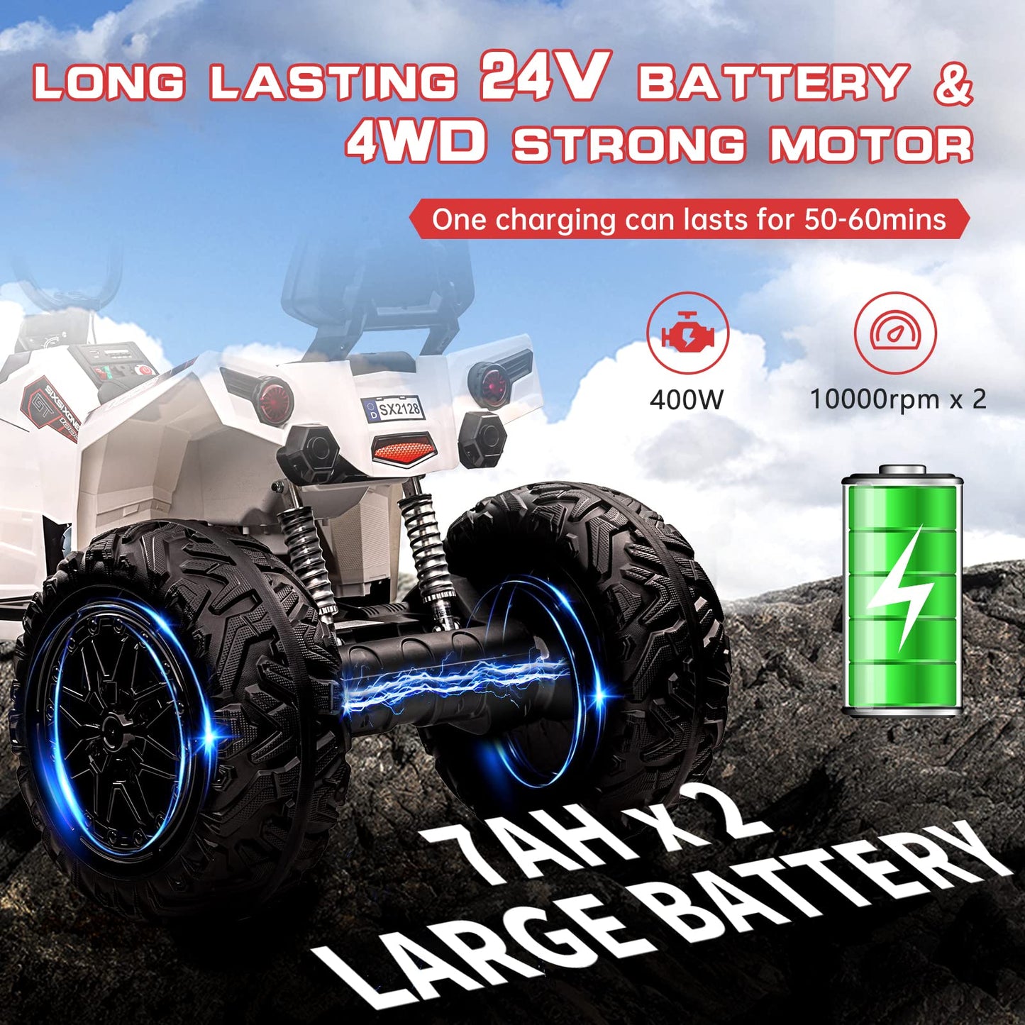 Garvee Ride - P Series: 24V Kids Quad ATV, Ride on Car 4WD Quad Electric Vehicle, 4x80W Powerful Engine, with 7AHx2 Large Battery, Accelerator Handle, EVA Tire, Full Metal Suspension, LED Light, Bluetooth&Music - White