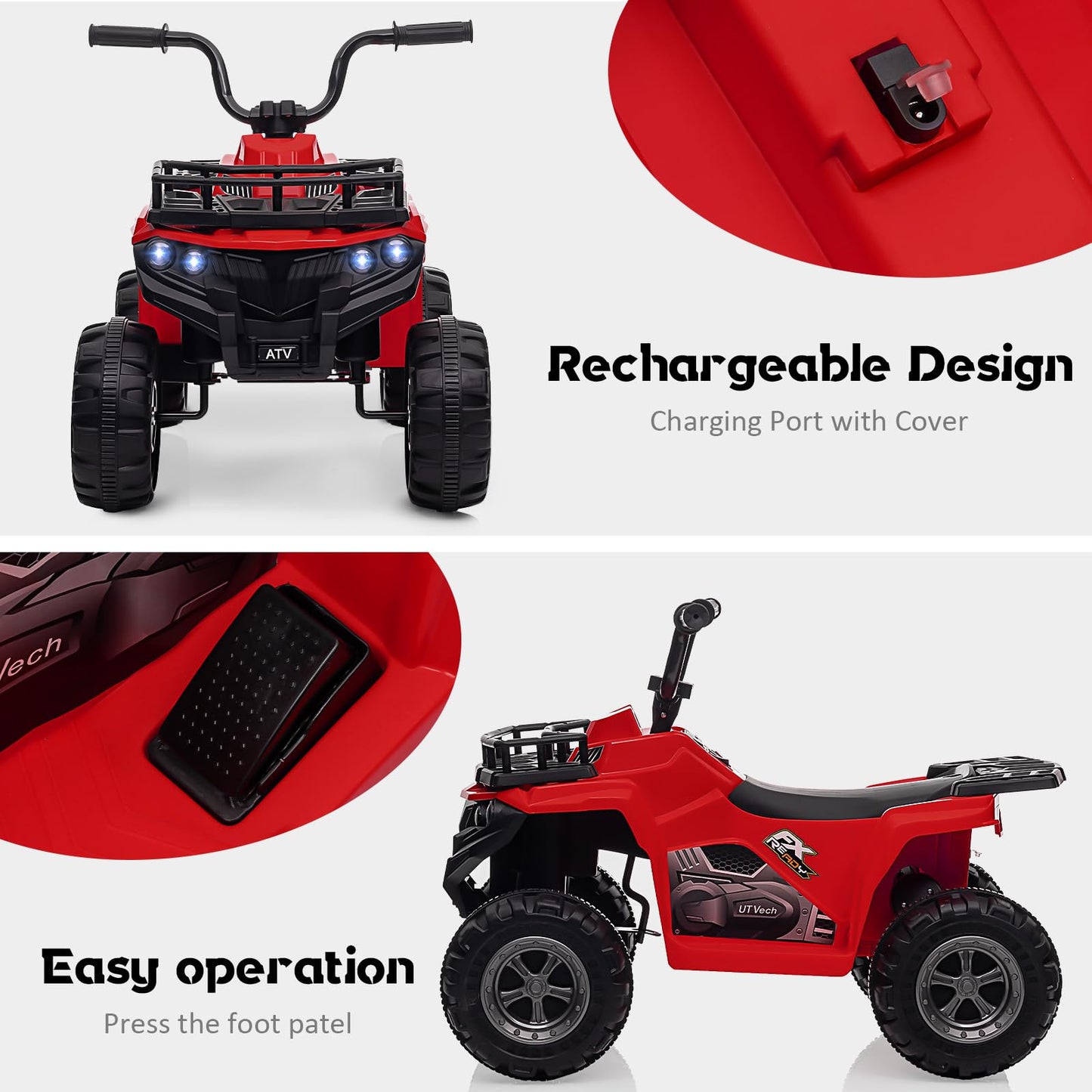Garvee Ride - P Series: 12V Kids Ride On Electric Quad ATV, Ride Car Toy with Bluetooth Audio,High/Low Speed, LED Headlights, Battery Indicator & Radio Orange - Red