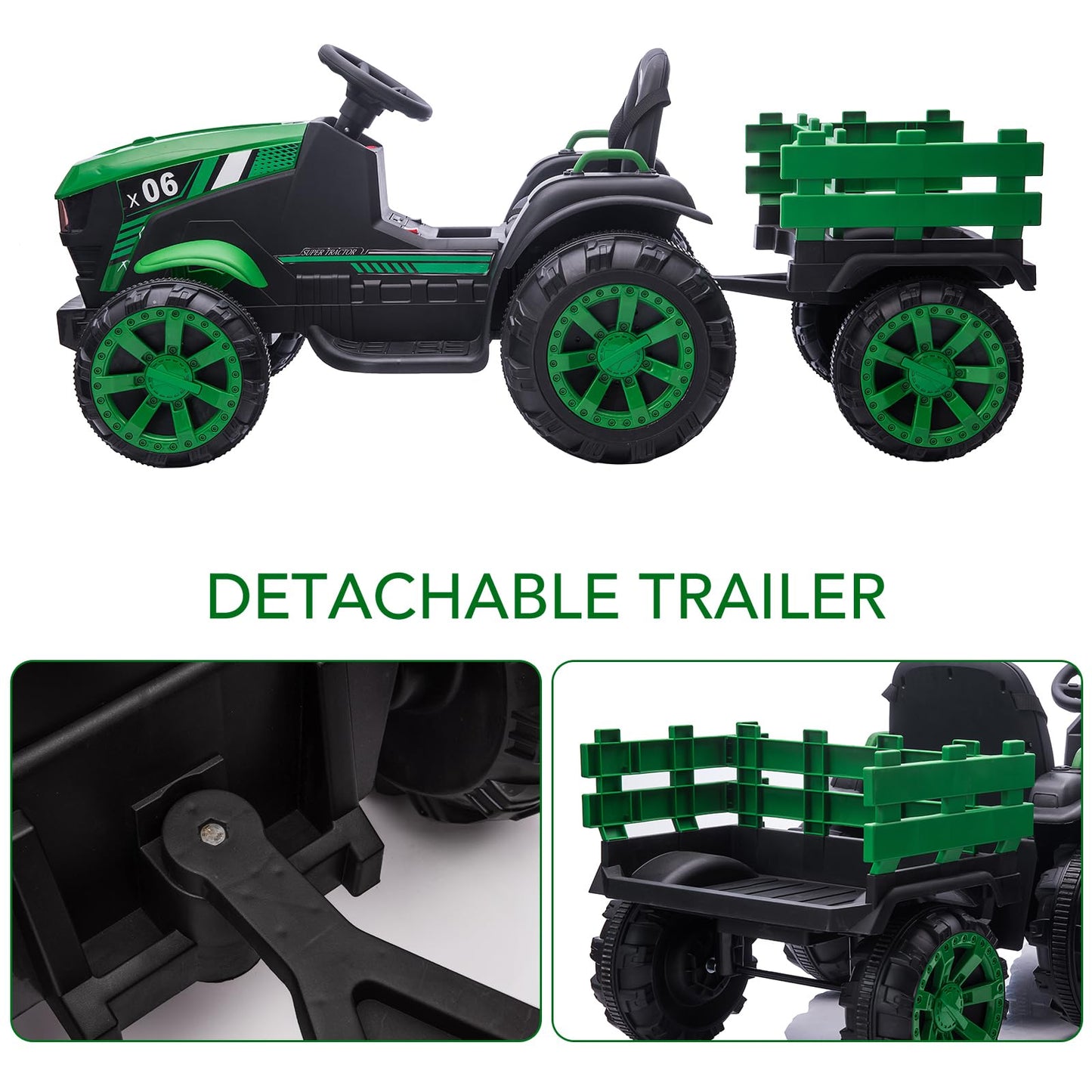 Garvee Ride - P Series: 12V Kids Ride On Tractor with Trailer, LED Lights, Battery Powered Toy Vehicle for Boys Girls, Outdoor Play Farm Truck Green