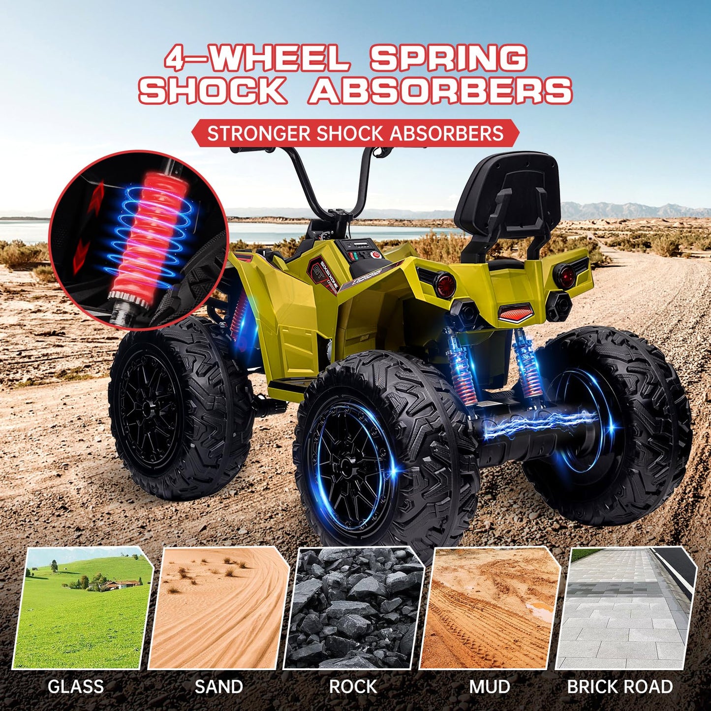 Garvee Ride - P Series: 24V Kids ATV, Ride on Car 4WD Quad Electric Vehicle, 4x80W Powerful Engine, with 7AHx2 Large Battery, Accelerator Handle, EVA Tire, Full Metal Suspension, LED Light, Bluetooth&Music - Green