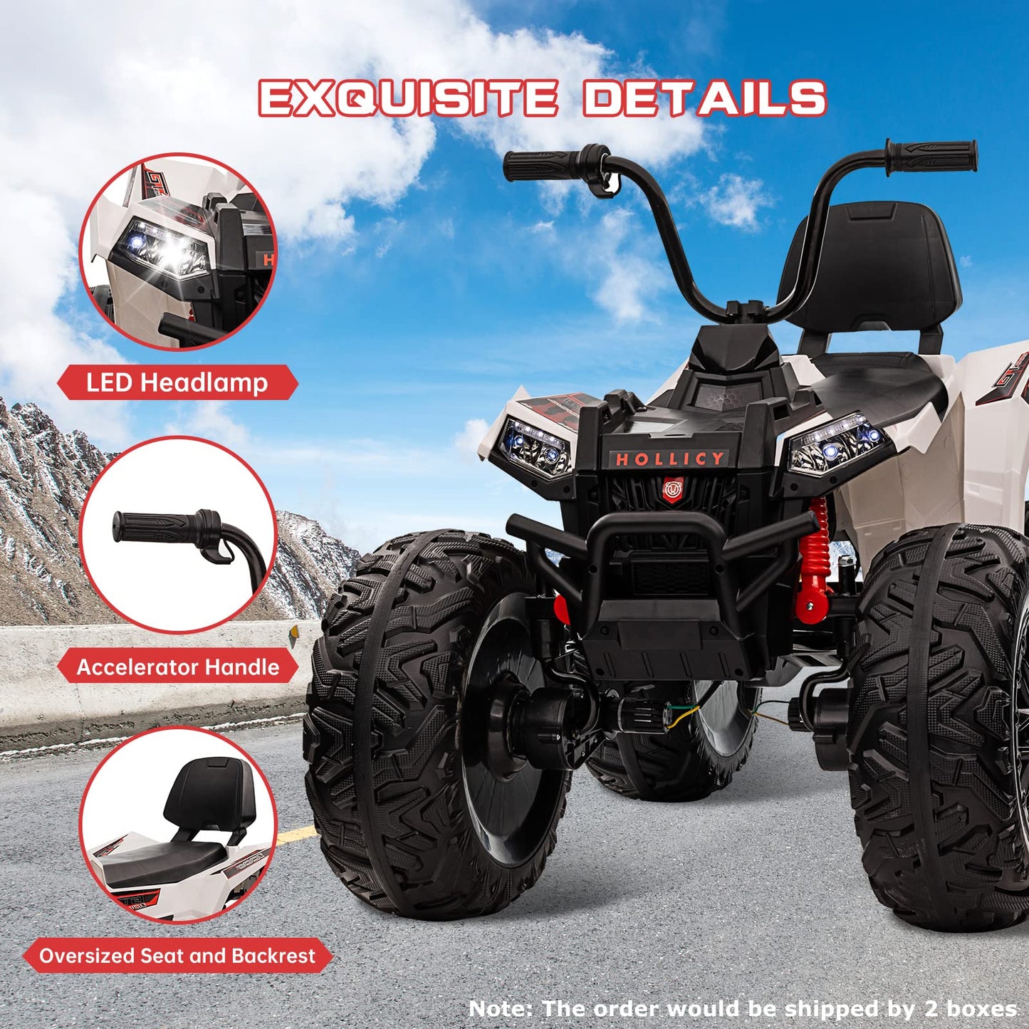 Garvee Ride - P Series: 24V Kids Quad ATV, Ride on Car 4WD Quad Electric Vehicle, 4x80W Powerful Engine, with 7AHx2 Large Battery, Accelerator Handle, EVA Tire, Full Metal Suspension, LED Light, Bluetooth&Music - White