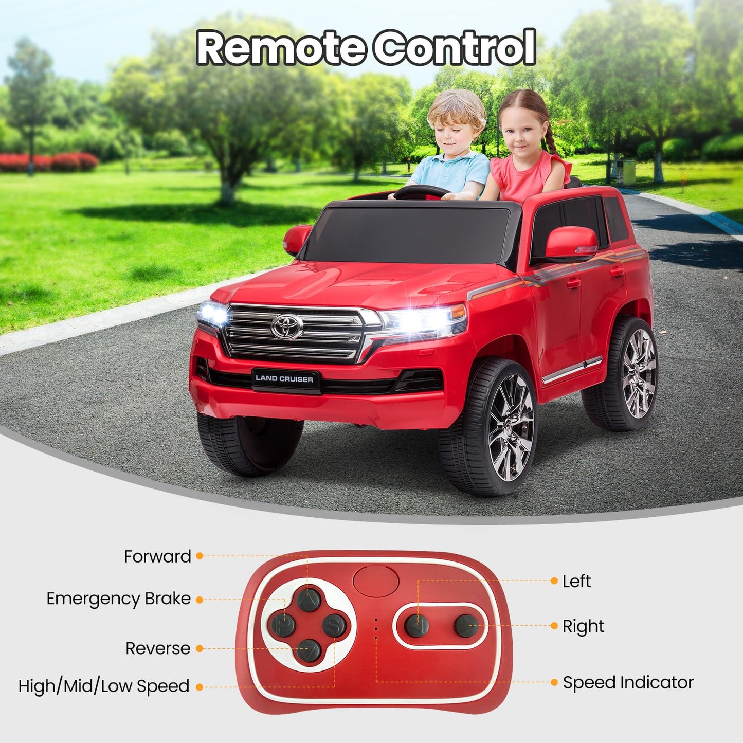 Garvee Ride - P Series: 12V Toyota Land Cruiser Kids' Car: Remote, LED, 3 Speeds, Dual 45W Motors, USB Music, Seat Belt, CPC & ASTM Approved