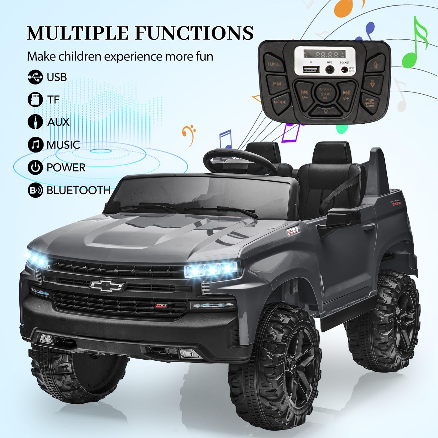 Garvee Ride - P Series: 24V 2-Seater Ride On Car For Kids For 3 - 8 years, Licensed Chevrolet Silverado - Grey