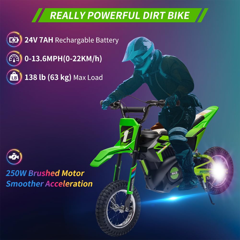 Garvee Ride - T Series: 24V Kids Electric Dirt Motorcycle for Kids Ages 13+, 250W Electric Off-Road Motorcycle,Up to 13.6MPH, Twist Grip Throttle,Metal Suspension,Air-Filled Tires,Leather Seat - Green