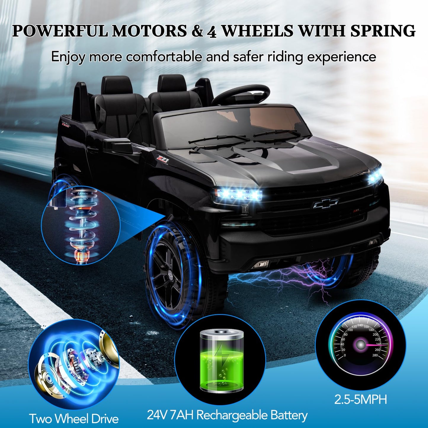 Garvee Ride - P Series: 24V 2-Seater Ride On Car For Kids For 3 - 8 years, Licensed Chevrolet Silverado - Black