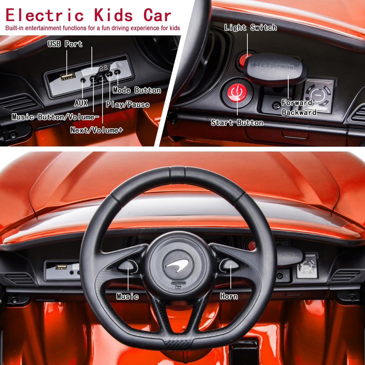 Garvee Ride - P Series: 12V Kids Ride on Car, Licensed Mclaren Battery Powered Electric Car with Remote Control, 3 Speeds, Bluetooth Music, Horn, LED Lights, 4-Wheel Ride on Toys - Orange