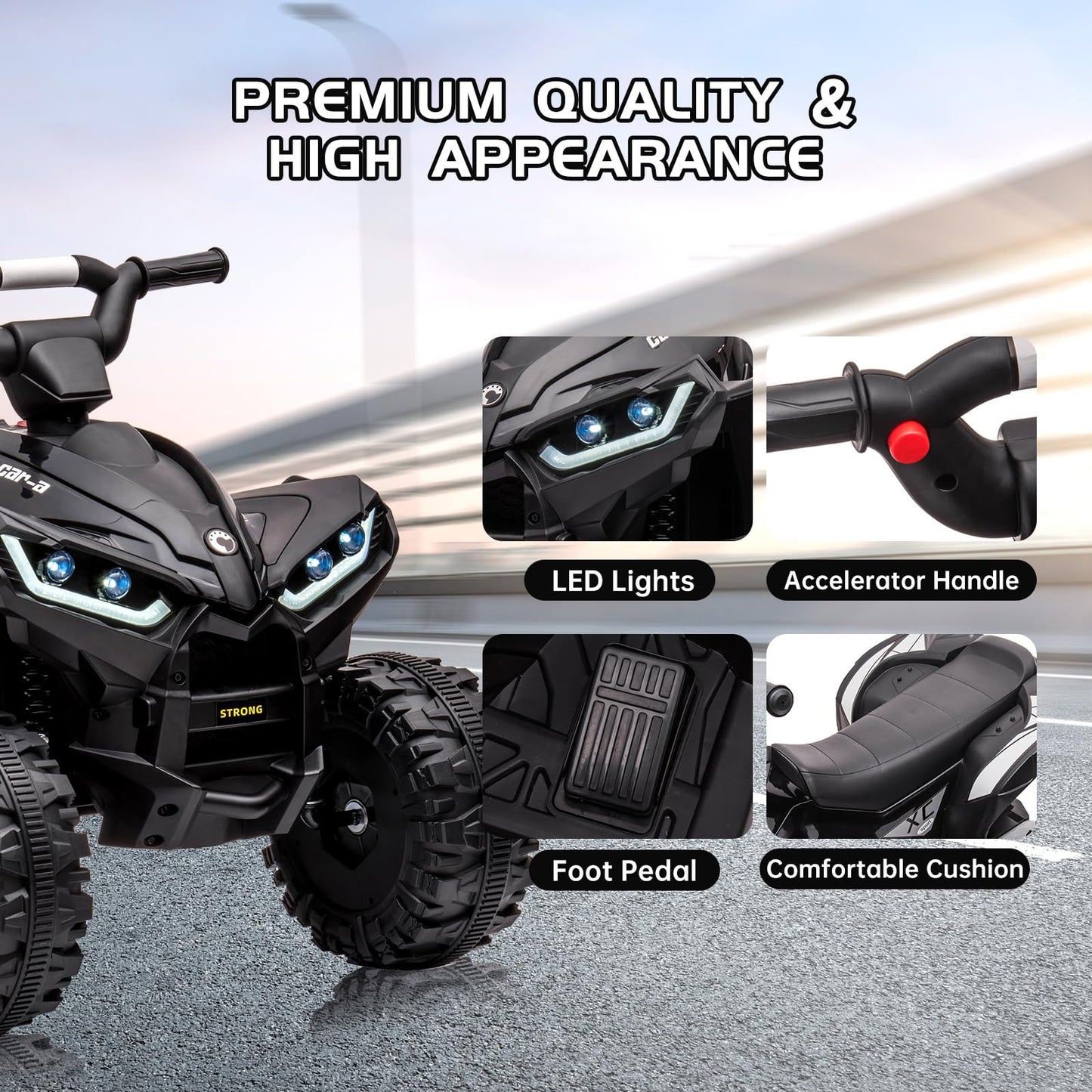 Garvee Ride - P Series: 12V Kids Quad ATV 4 Wheeler, Music, LED Lights, Battery Powered Ride On Toy for Boys Girls, Outdoor Adventure Vehicle Black