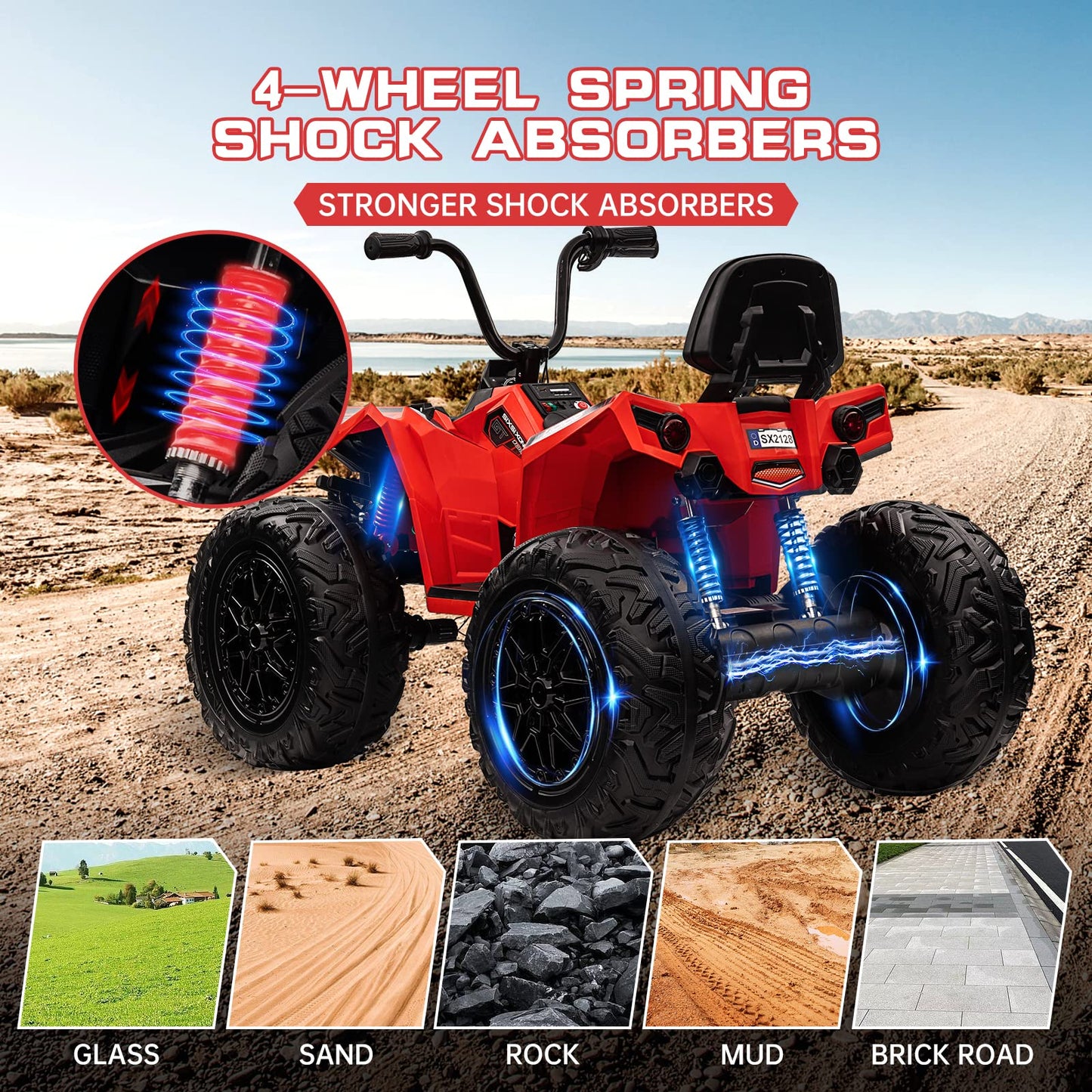 Garvee Ride - P Series: 24V Kids ATV, Ride on Car 4WD Quad Electric Vehicle, 4x80W Powerful Engine, with 7AHx2 Large Battery, Accelerator Handle, EVA Tire, Full Metal Suspension, LED Light, Bluetooth&Music - Red
