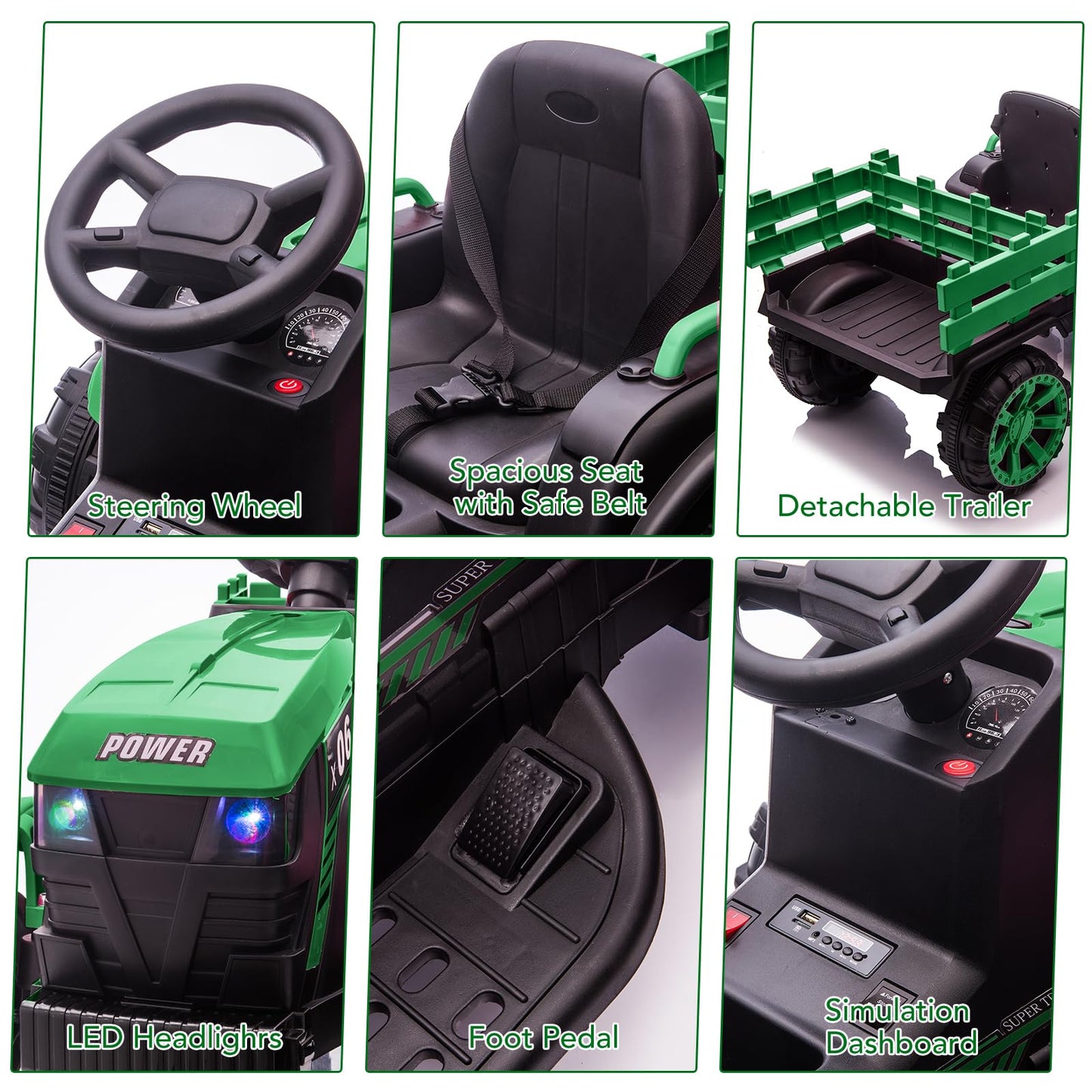 Garvee Ride - P Series: 12V Kids Ride On Tractor with Trailer, LED Lights, Battery Powered Toy Vehicle for Boys Girls, Outdoor Play Farm Truck Green