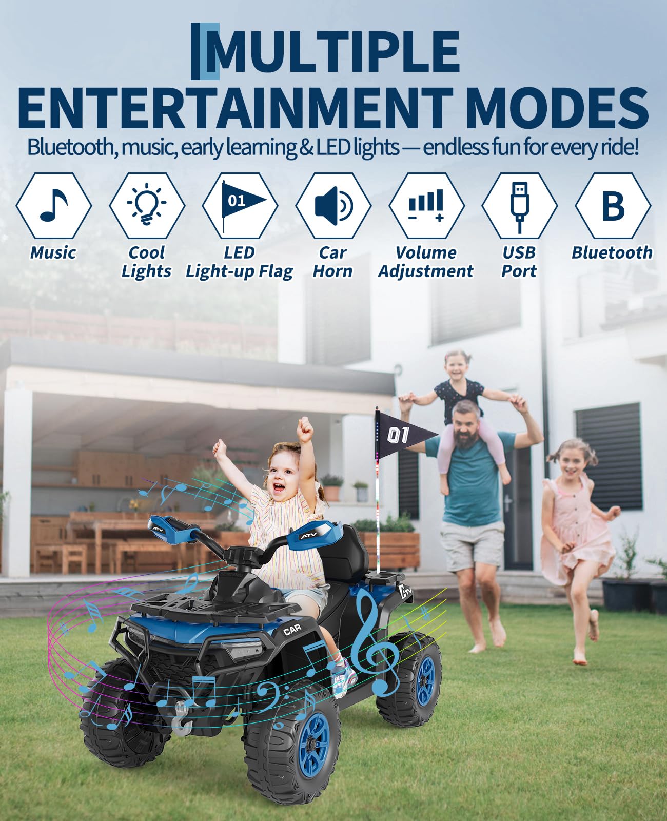 Garvee 12V Kids Electric ATV Ride-On Car – Dual Motors – Parent Remote Control – LED Lights, wireless, Music, USB, Spring Suspension – Outdoor Off-Road Four Wheeler for Boys & Girls Ages 3-8 – Royal Blue