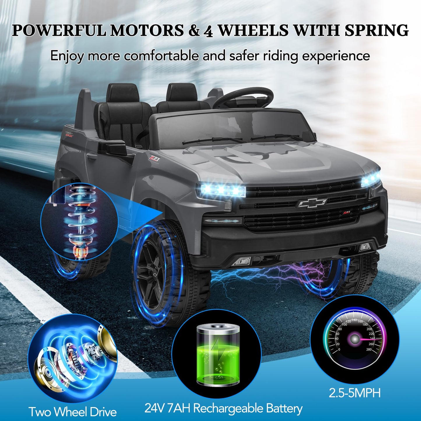 Garvee Ride - P Series: 24V 2-Seater Ride On Car For Kids For 3 - 8 years, Licensed Chevrolet Silverado - Grey