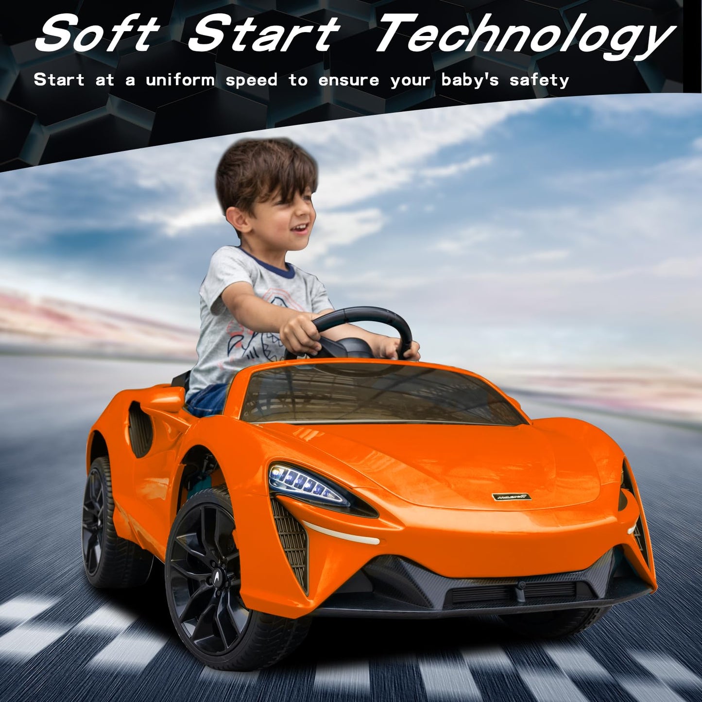 Garvee Ride - P Series: 12V Kids Ride on Car, Licensed Mclaren Battery Powered Electric Car with Remote Control, 3 Speeds, Bluetooth Music, Horn, LED Lights, 4-Wheel Ride on Toys - Orange