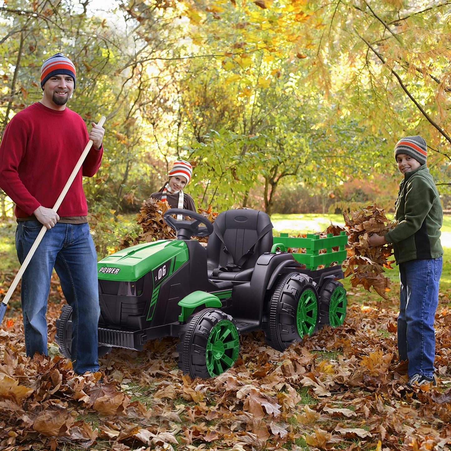 Garvee Ride - P Series: 12V Kids Ride On Tractor with Trailer, LED Lights, Battery Powered Toy Vehicle for Boys Girls, Outdoor Play Farm Truck Green