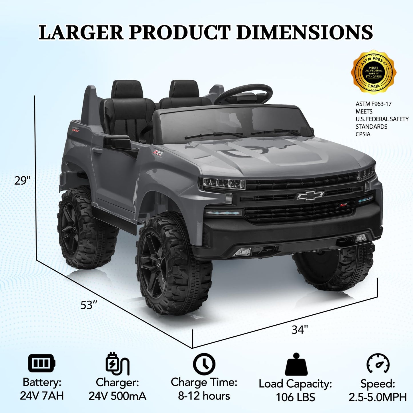 Garvee Ride - P Series: 24V 2-Seater Ride On Car For Kids For 3 - 8 years, Licensed Chevrolet Silverado - Grey