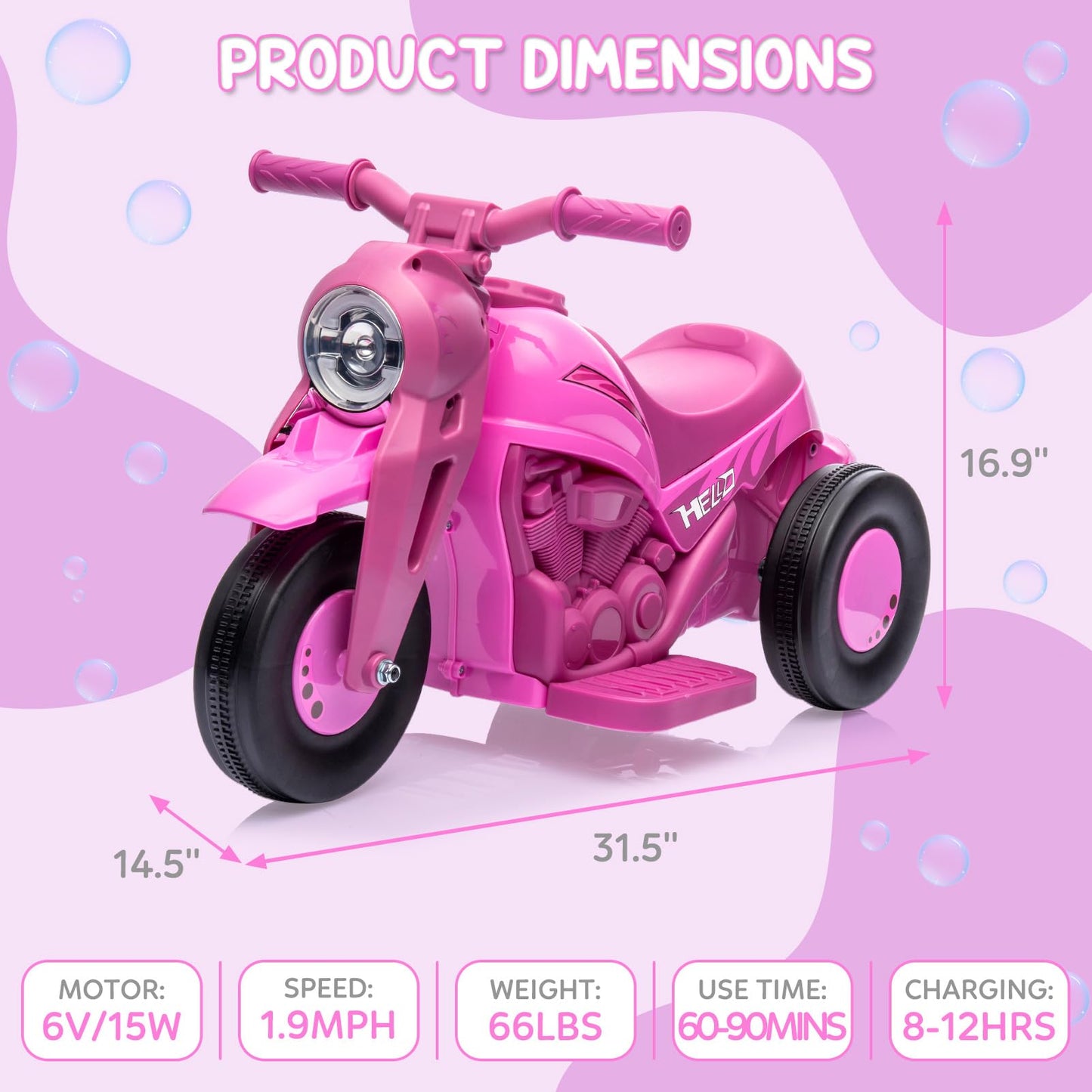 Garvee Ride - P Series: 6V Battery-Powered Electric Motorcycle with 1.9 Mph Speed, Led Headlights, Music, Pedal, Forward/Reverse, 3 Wheels | Motorbike Toy Gift for Toddlers 3 and Up - Pink