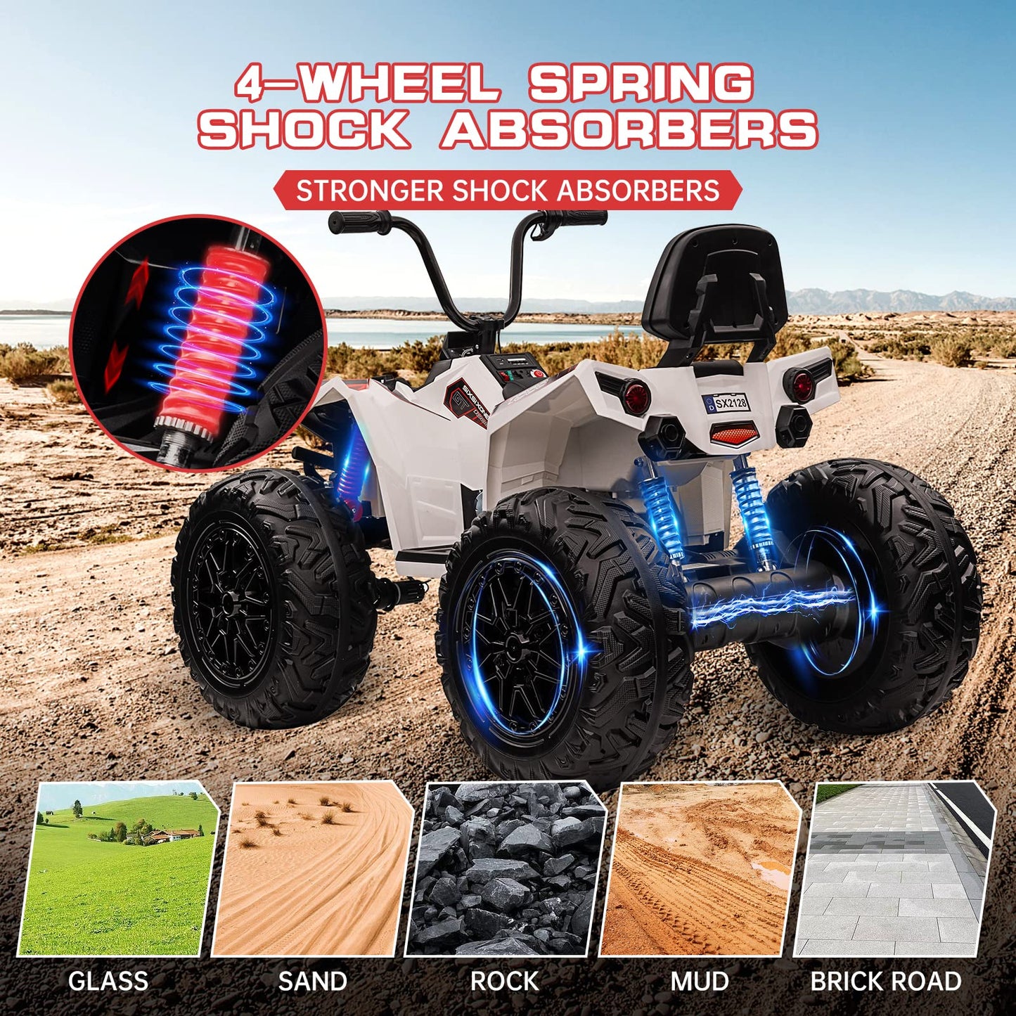 Garvee Ride - P Series: 24V Kids Quad ATV, Ride on Car 4WD Quad Electric Vehicle, 4x80W Powerful Engine, with 7AHx2 Large Battery, Accelerator Handle, EVA Tire, Full Metal Suspension, LED Light, Bluetooth&Music - White