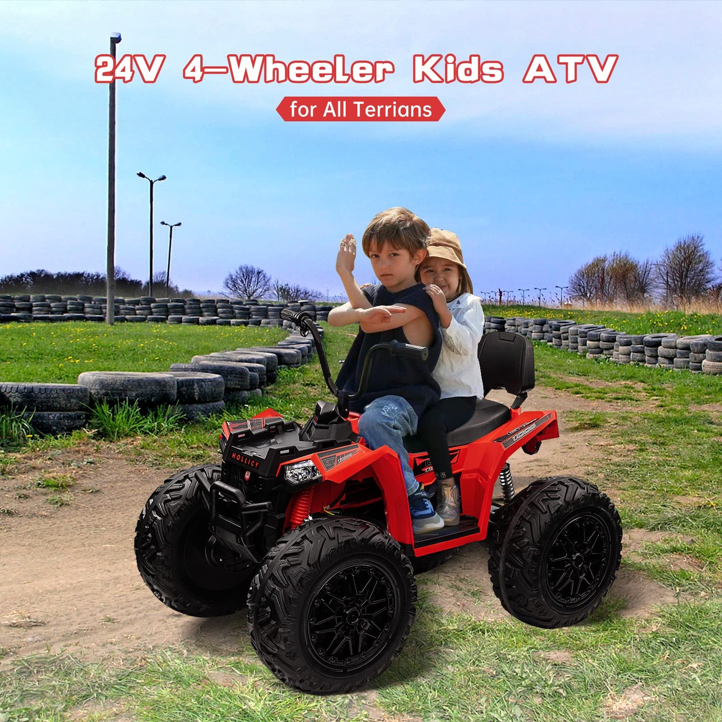 Garvee Ride - P Series: 24V Kids ATV, Ride on Car 4WD Quad Electric Vehicle, 4x80W Powerful Engine, with 7AHx2 Large Battery, Accelerator Handle, EVA Tire, Full Metal Suspension, LED Light, Bluetooth&Music - Red