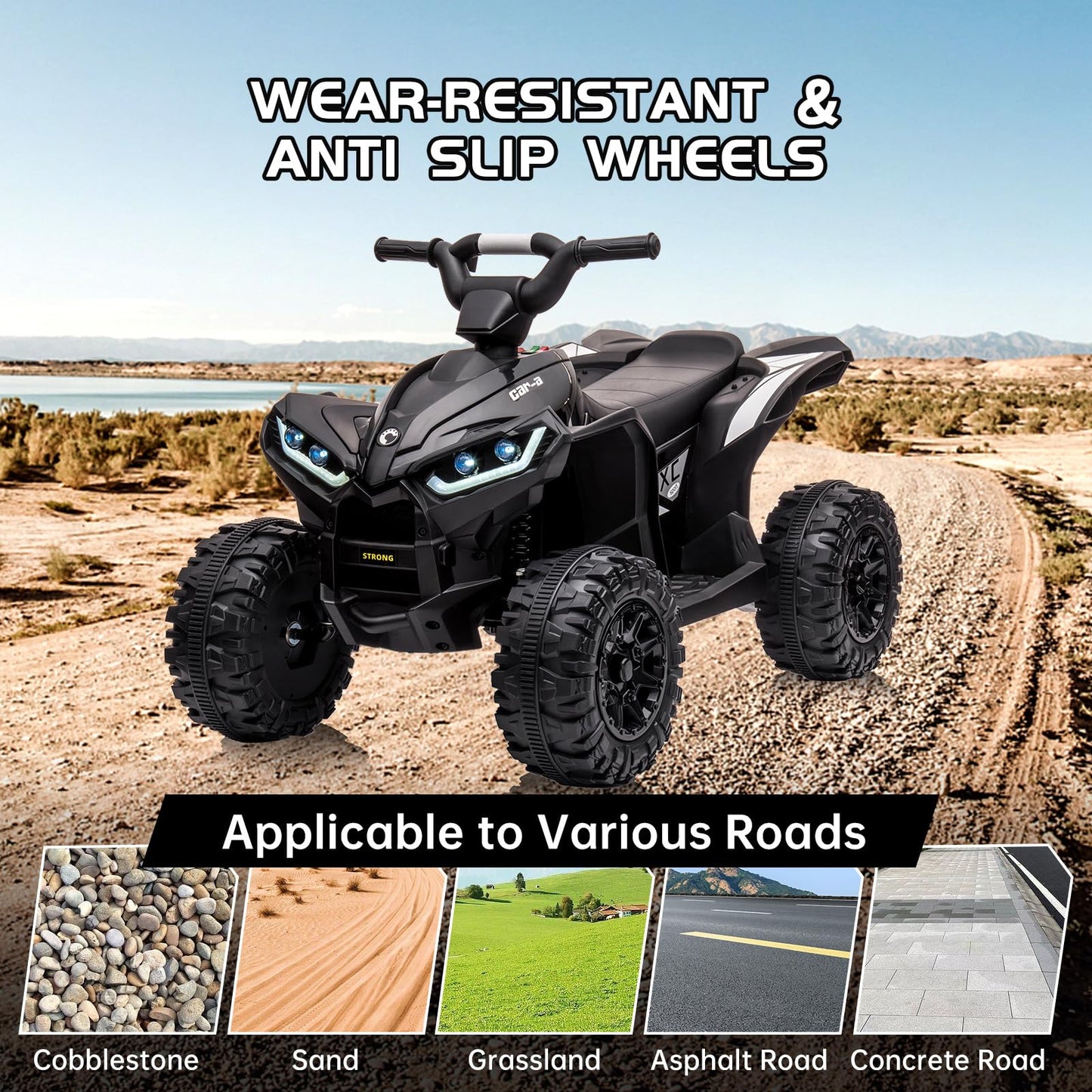 Garvee Ride - P Series: 12V Kids Quad ATV 4 Wheeler, Music, LED Lights, Battery Powered Ride On Toy for Boys Girls, Outdoor Adventure Vehicle Black