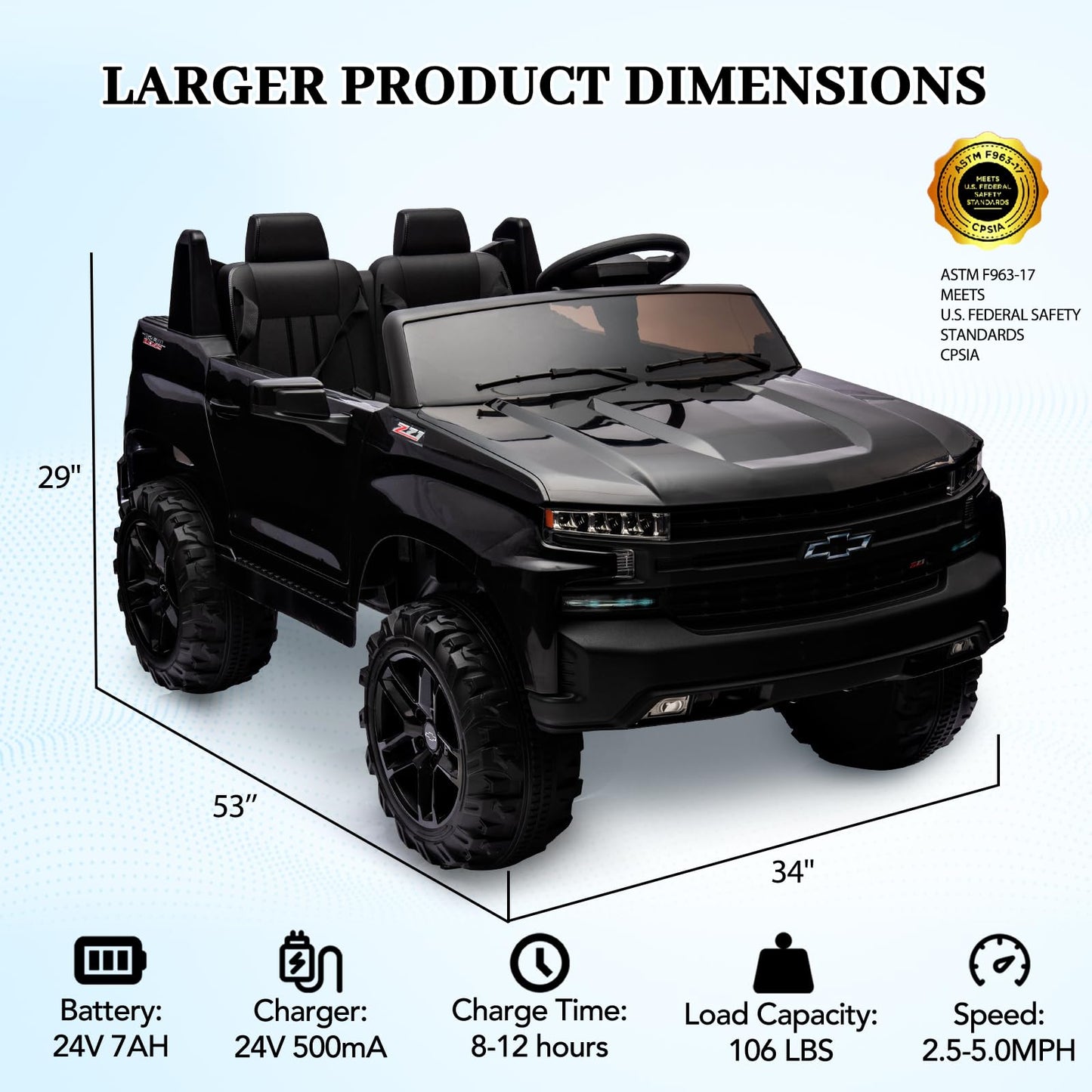 Garvee Ride - P Series: 24V 2-Seater Ride On Car For Kids For 3 - 8 years, Licensed Chevrolet Silverado - Black