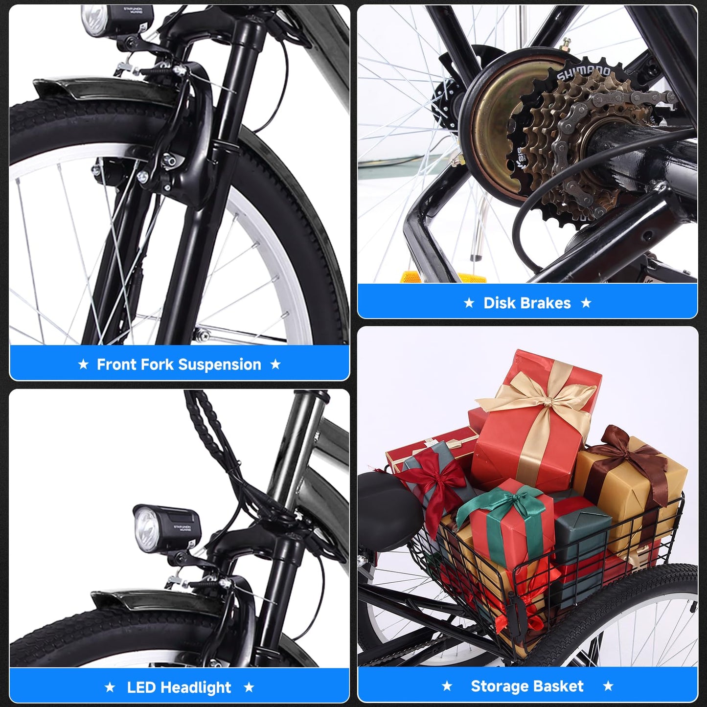 Garvee 24 Inch Adult Electric Tricycle 3 Wheel Fat Tires Electric Bicycle with Basket, 350W Powerful Motor, 36V Removable Battery, 7 Speed (Dark Gray)