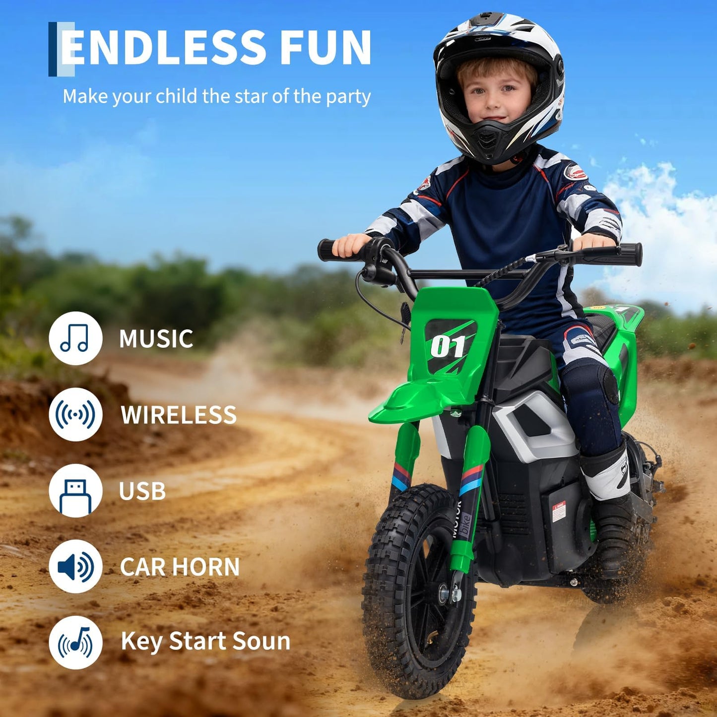 Garvee 24V Kids Electric Dirt Bike 350W Motor 10MPH Speed Rear Suspension Leather Seat Black Blue Green Red Rose White Outdoor Riding