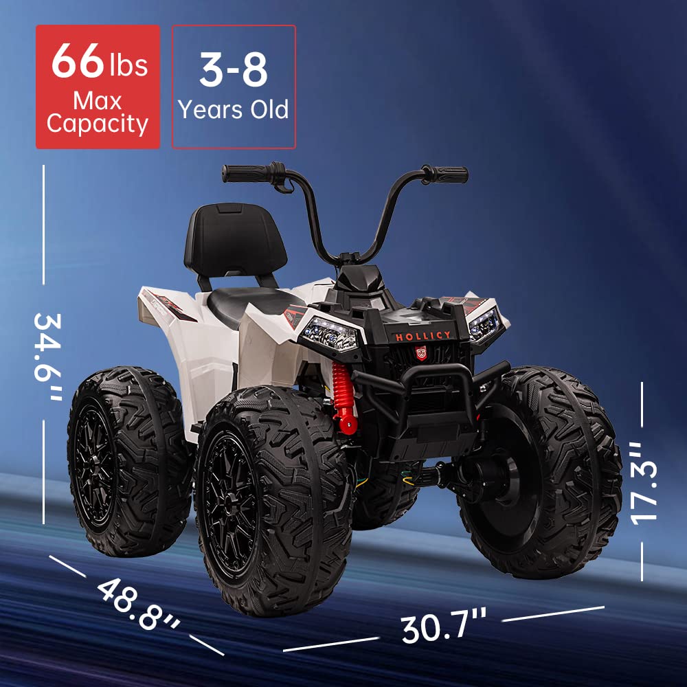 Garvee Ride - P Series: 24V Kids Quad ATV, Ride on Car 4WD Quad Electric Vehicle, 4x80W Powerful Engine, with 7AHx2 Large Battery, Accelerator Handle, EVA Tire, Full Metal Suspension, LED Light, Bluetooth&Music - White