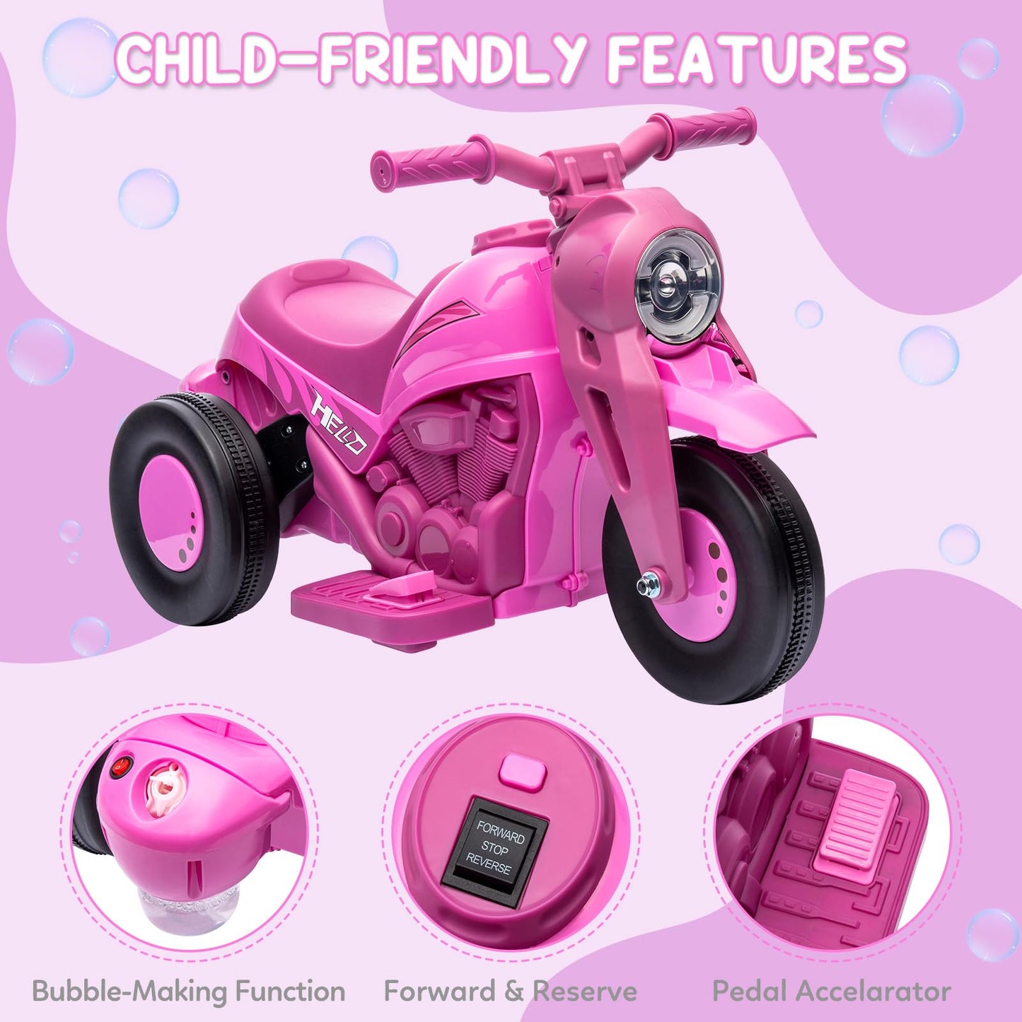Garvee Ride - P Series: 6V Battery-Powered Electric Motorcycle with 1.9 Mph Speed, Led Headlights, Music, Pedal, Forward/Reverse, 3 Wheels | Motorbike Toy Gift for Toddlers 3 and Up - Pink