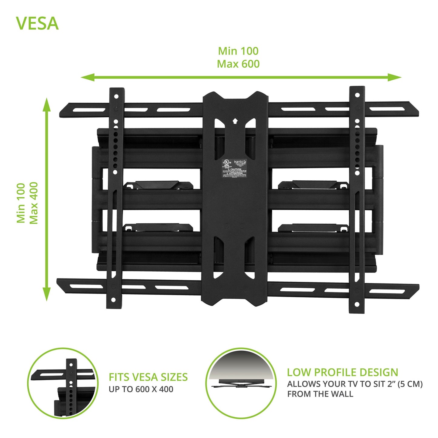 Kanto PDX650 Full Motion TV Wall Mount for 37 to 75 inch TVs Black