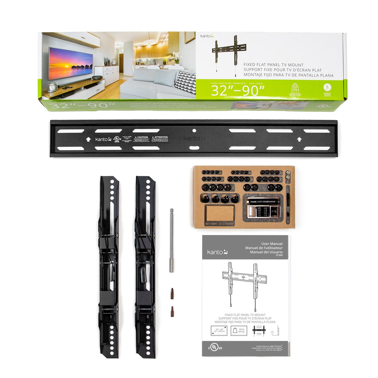Kanto PF300 Fixed Low-profile TV Wall Mount for 32 to 90 inch TVs Black