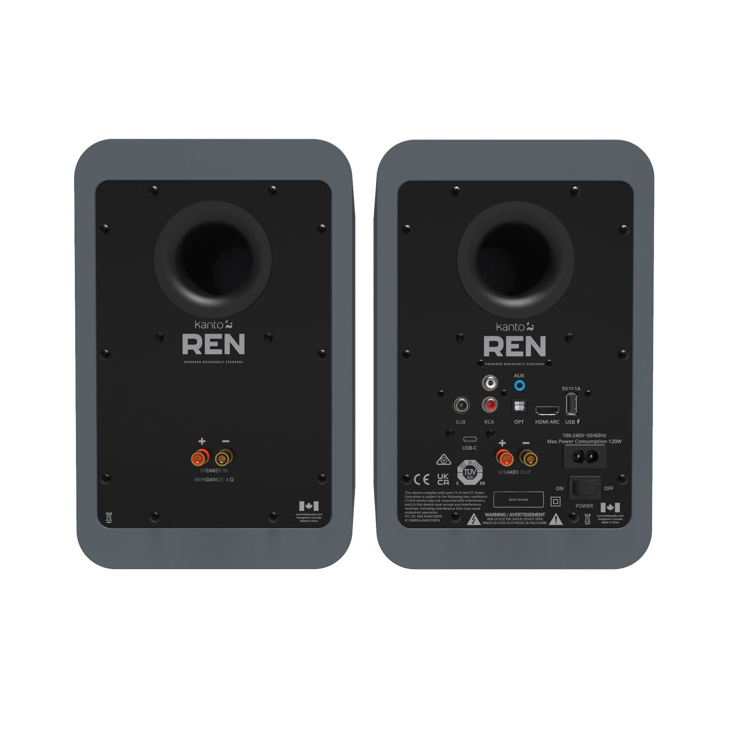 Kanto REN 200W Powered Bookshelf Speakers Pair with HDMI ARC USB-C and Bluetooth 5.3 - Matte Grey