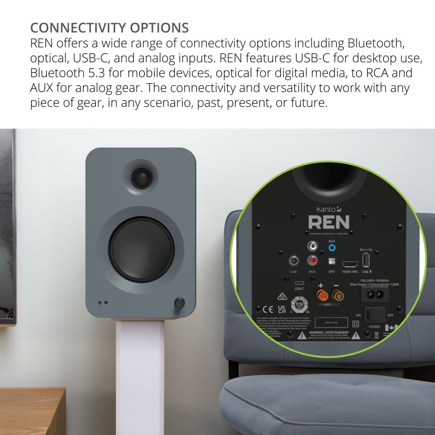 Kanto REN 200W Powered Bookshelf Speakers Pair with HDMI ARC USB-C and Bluetooth 5.3 - Matte Grey