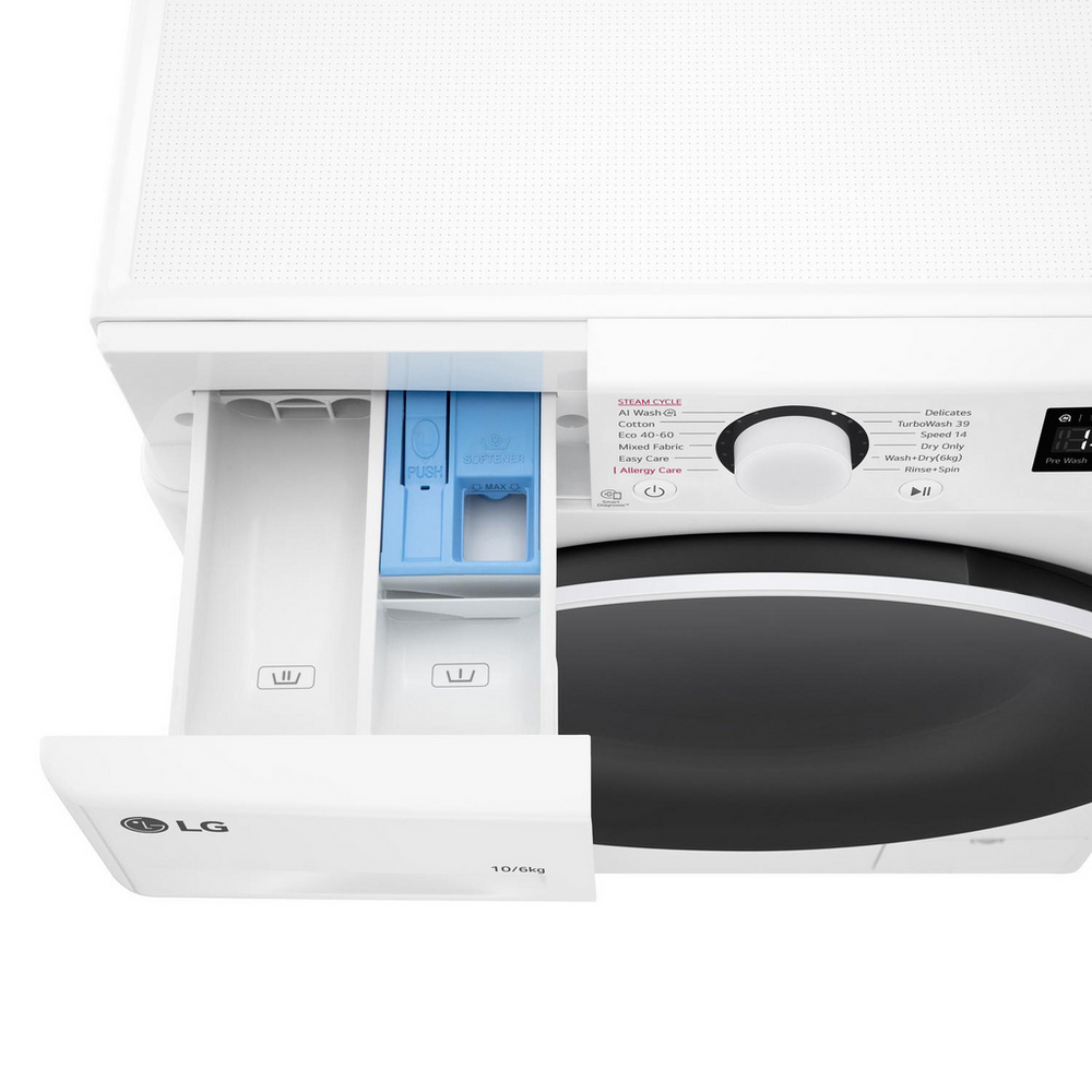 LG FWY706WWTN1 TurboWash360 10kg+6kg 1400 Spin AI Direct Drive Freestanding Washer Dryer White