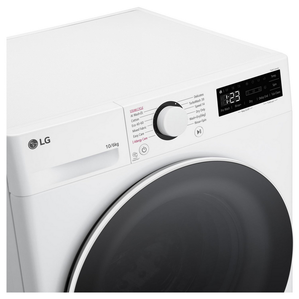 LG FWY706WWTN1 TurboWash360 10kg+6kg 1400 Spin AI Direct Drive Freestanding Washer Dryer White