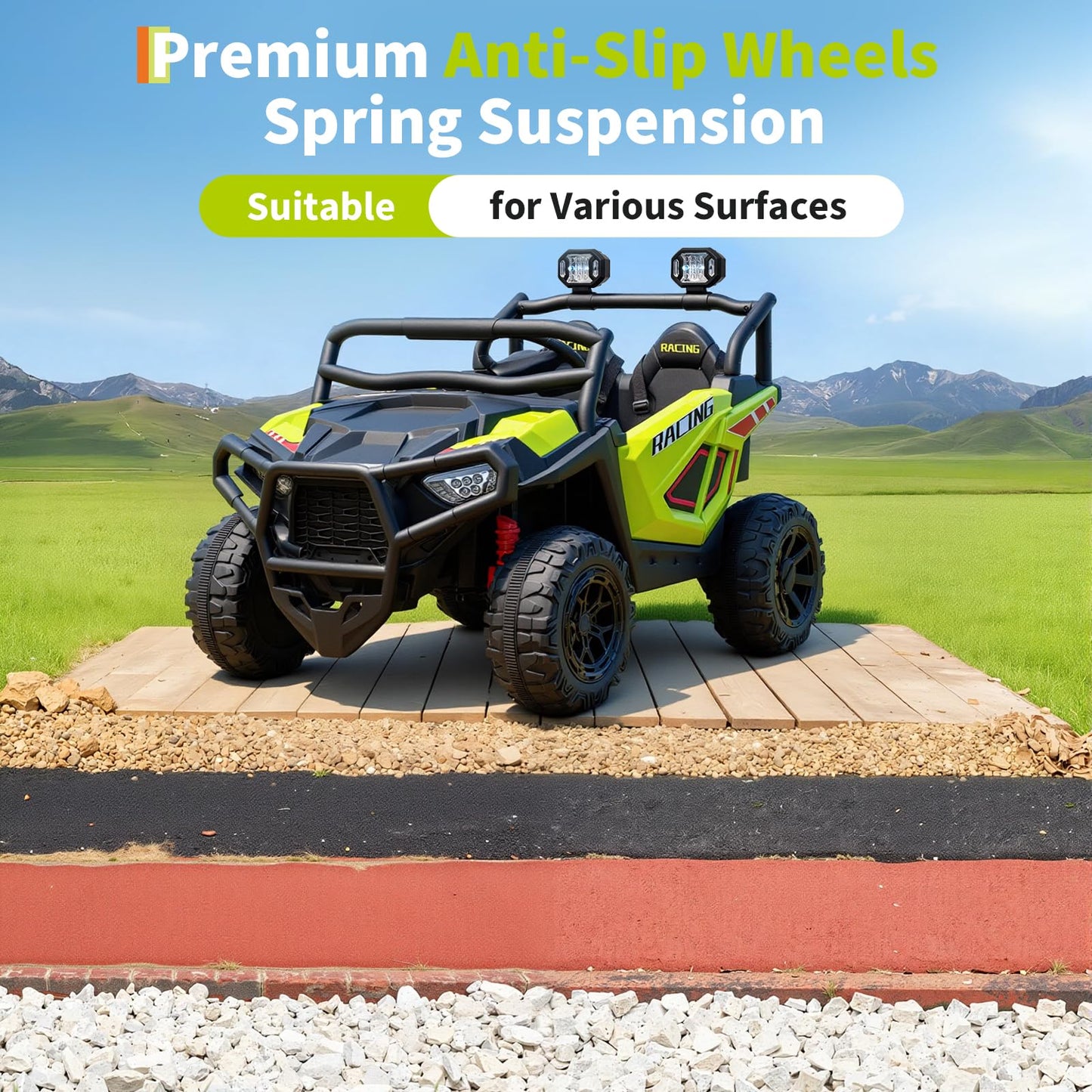 Garvee 24V 2-Seater Electric UTV Ride-On Truck for Kids Ages 2-8 – Battery Powered, Remote Control, 4-Wheel Suspension, Gradual Power-Up, 3 Speeds, LED Lights, Wireless – Fluorescent Green