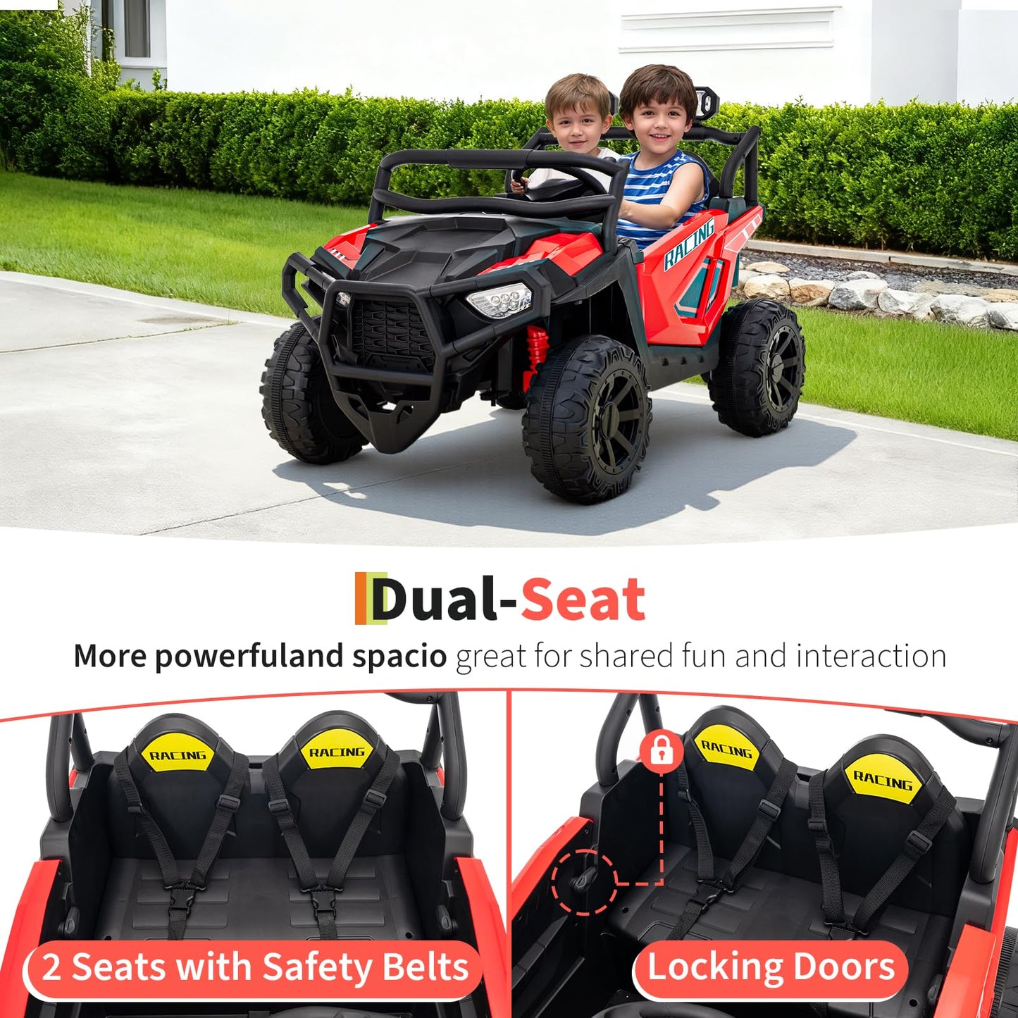 Garvee 24V 2-Seater Electric UTV Ride-On Truck for Kids Ages 2-8 – Battery Powered, Remote Control, 4-Wheel Suspension, Gradual Power-Up, 3 Speeds, LED Lights, Wireless – Red