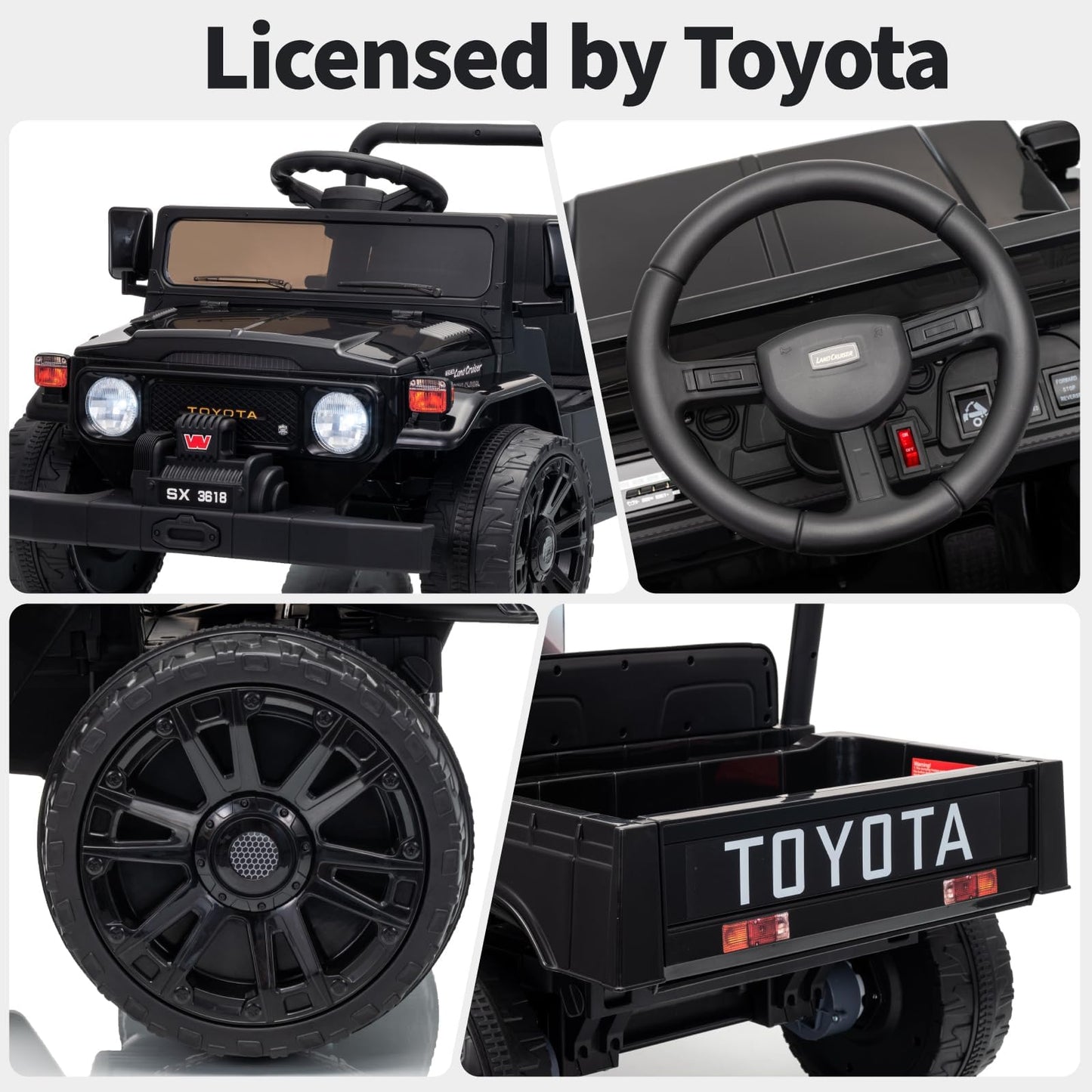 Garvee Licensed Toyota 12V 4WD Kids Electric Ride-On Pickup Truck – Battery Powered, Remote Control, wireless, LED Lights, Suspension, Soft Braking, Truck Bed Storage – For Toddlers & Big Kids – Black