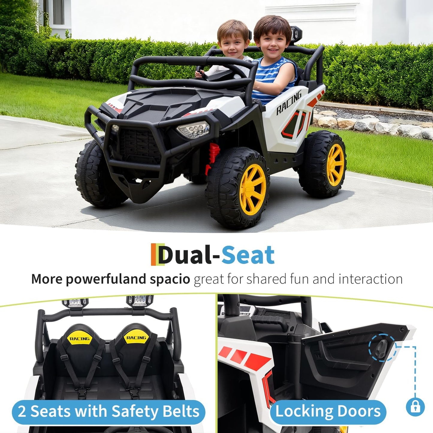 Garvee 24V 2-Seater Electric UTV Ride-On Truck for Kids Ages 2-8 – Battery Powered, Remote Control, 4-Wheel Suspension, Gradual Power-Up, 3 Speeds, LED Lights, Wireless – White