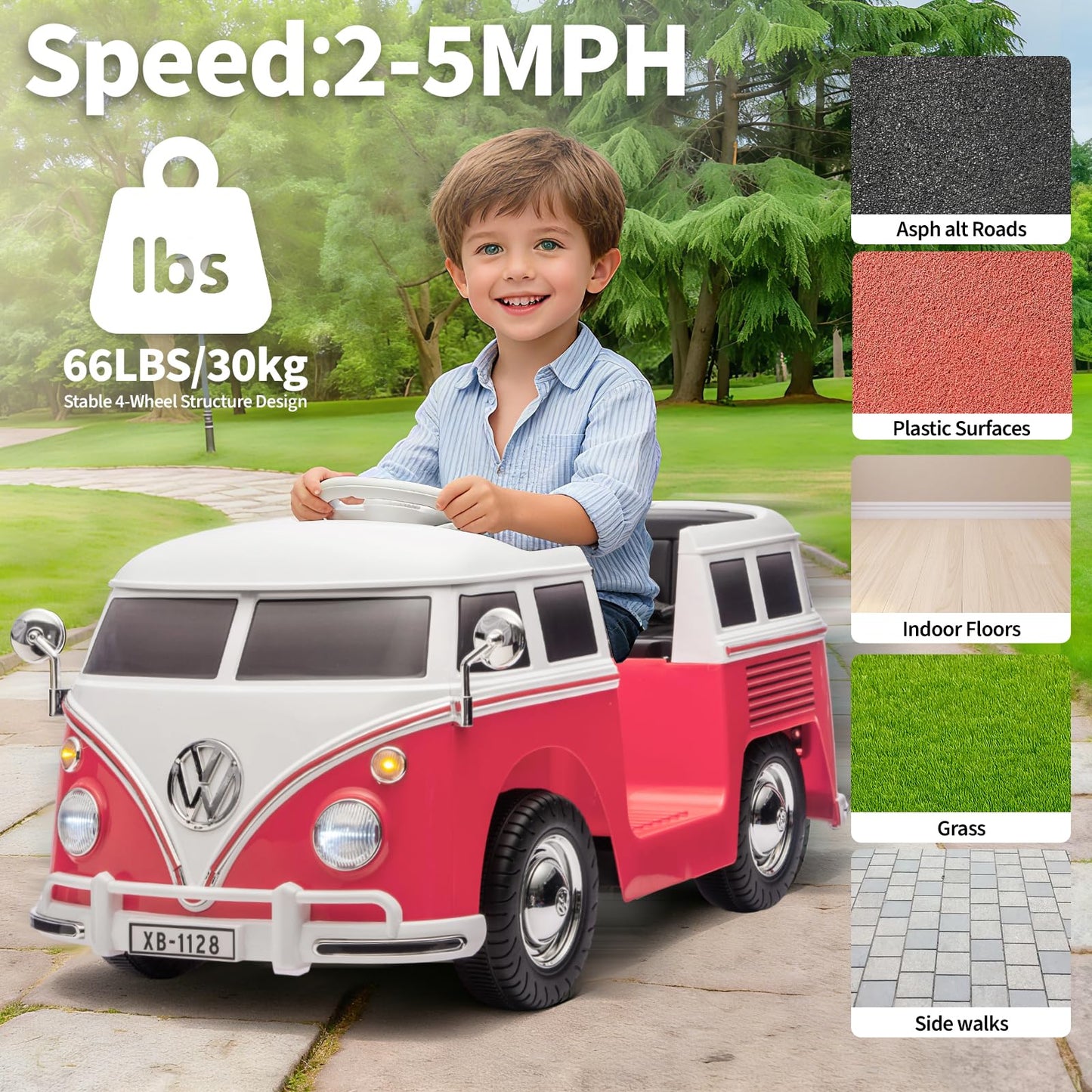 Garvee Volkswagen Licensed Electric Ride-On Bus for Kids - 6V Battery, LED Headlights, Music & Horn, Gentle Start, 2-Speed Pedal Control, Eco-Friendly - Perfect Gift - Pink