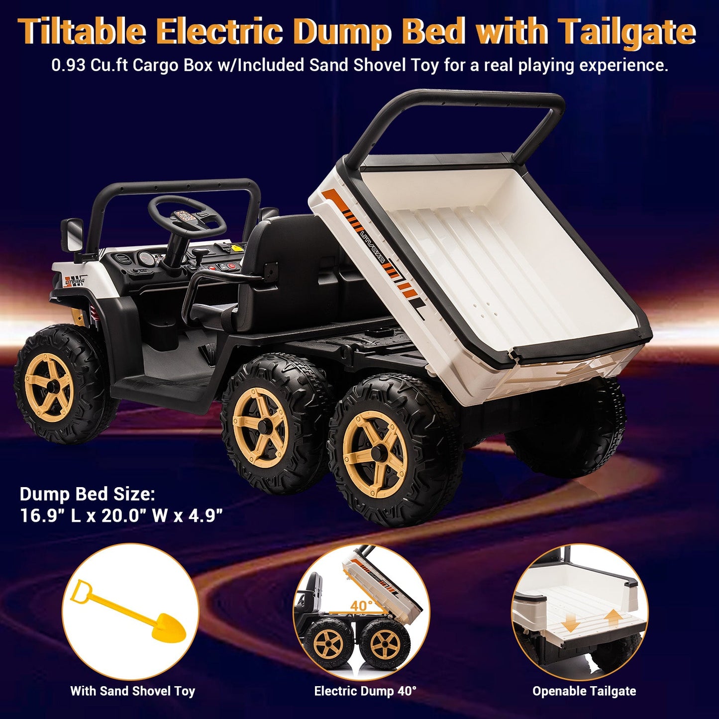 Garvee 24V 2-Seater 6-Wheel 4WD Kids Ride-On UTV Dump Truck - Parent Remote Control, Wireless Audio Music, LED Lights, Electric Dump Bed, Shovel - Electric Ride-On Car for Big Kids - White