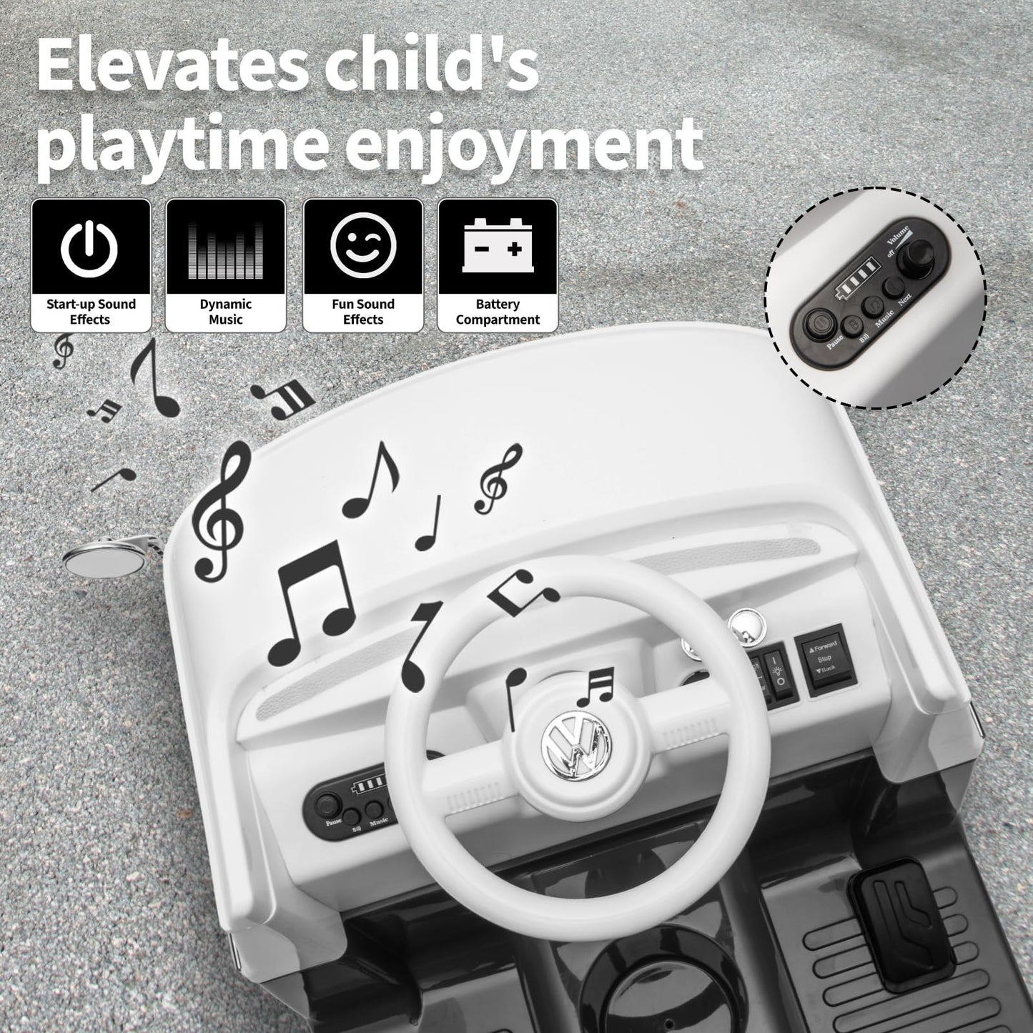 Garvee Volkswagen Licensed Electric Ride-On Bus for Kids - 6V Battery, LED Headlights, Music, Horn, Pedal Control, Gentle Start, Safe & Fun Toy for Toddlers - Black