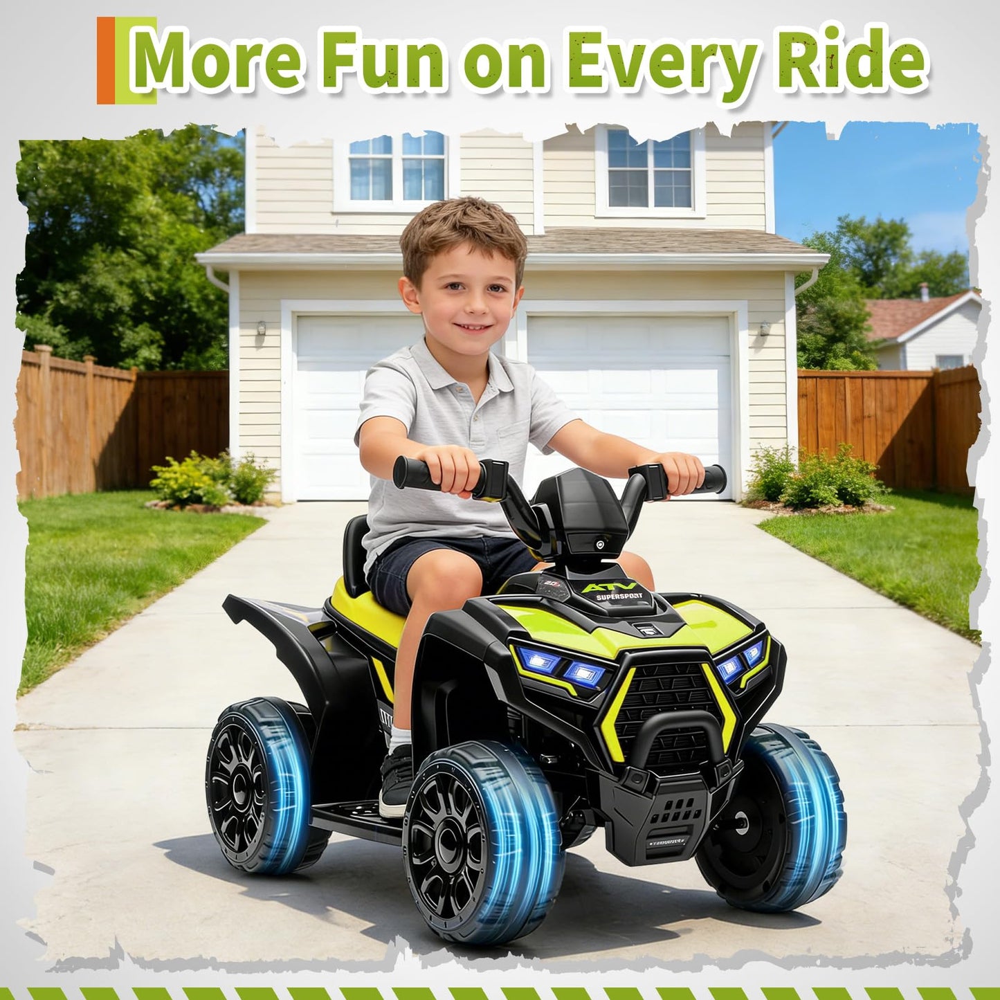 Garvee 6V Battery Powered Kids ATV Car with Lights and Music, 3.5mph Speed, Durable All-Terrain Tires, Safe Plastic Build, Toddler Ride-On Toy for Ages 3-6