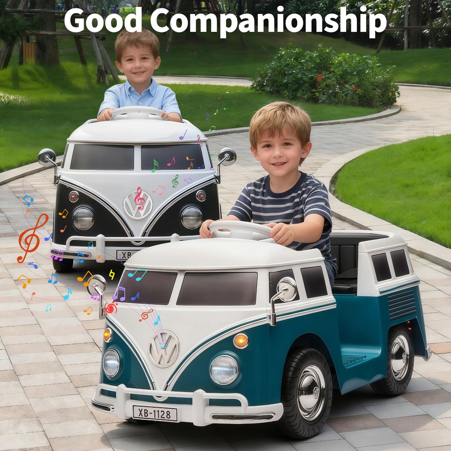 Garvee Volkswagen Licensed Electric Ride-On Bus for Kids - 6V Battery, LED Headlights, Music, Horn, Gentle Start, Cup Holder, Eco-Friendly Design - Perfect Gift - Deep Blue