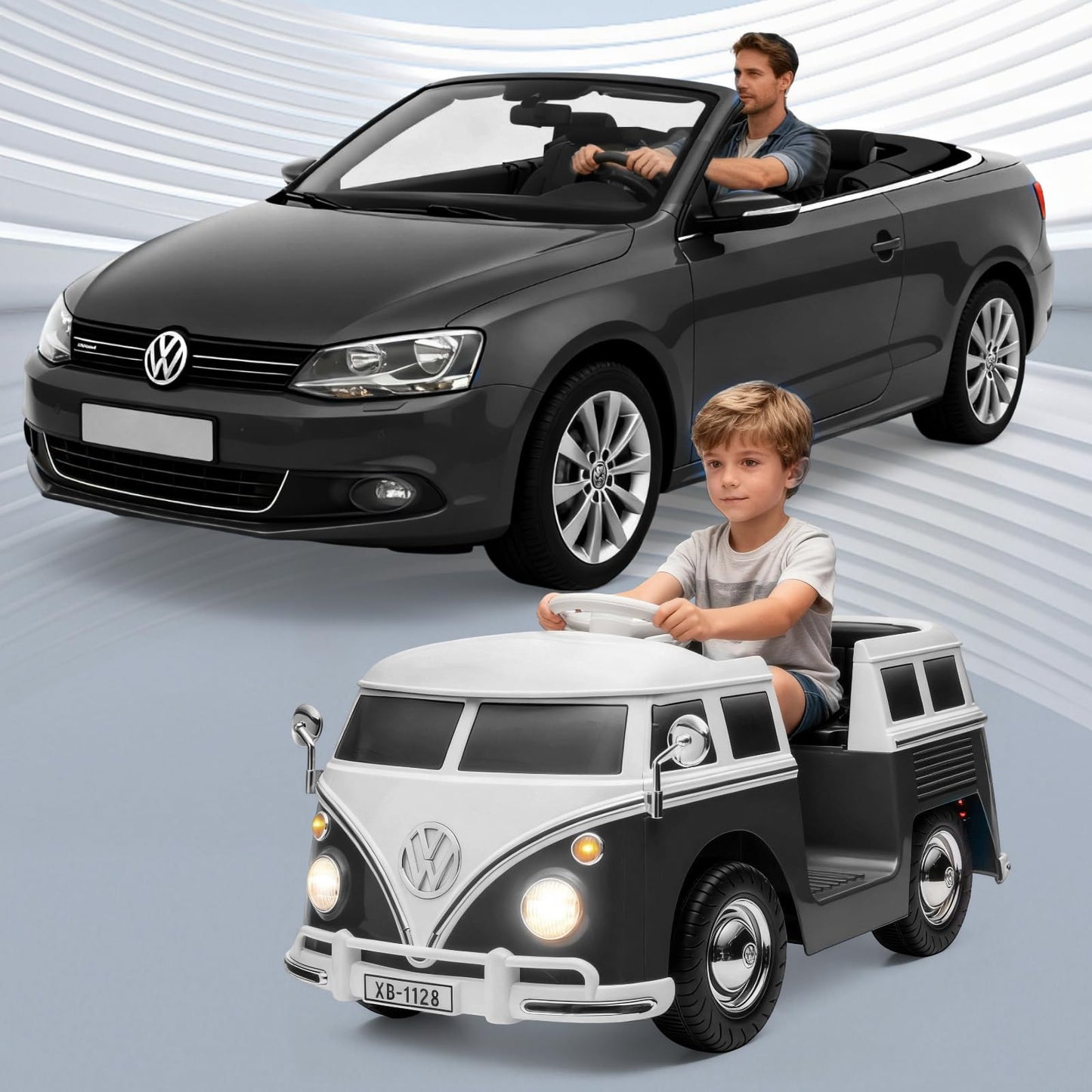 Garvee Volkswagen Licensed Electric Ride-On Bus for Kids - 6V Battery, LED Headlights, Music, Horn, Pedal Control, Gentle Start, Safe & Fun Toy for Toddlers - Black