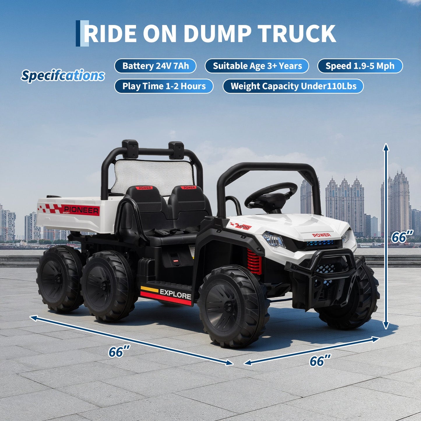 Garvee 24V 4WD Electric Ride on Dump Truck for Kids, 2 Seater with Remote Control, Dump Bed, 3 Speed Modes, Music Player, All-Terrain Off-Road Vehicle Toy for Boys & Girls
