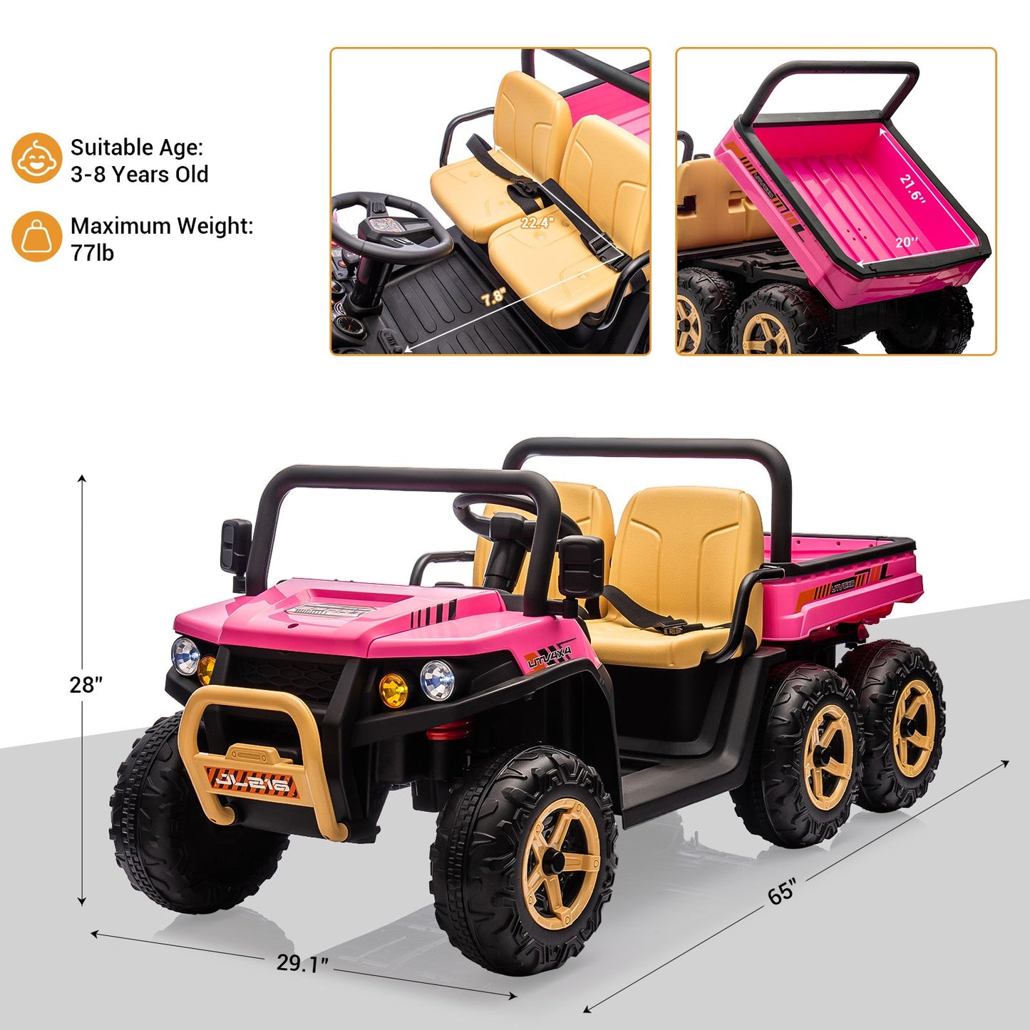 Garvee 24V 2-Seater 6-Wheel 4WD Electric Ride-On Dump Truck UTV for Kids - Parental Remote, Wireless Audio Music, LED Lights, Electric Dump Bed, Shovel - Car Toy for Boys & Girls Ages 3-8 - Pink