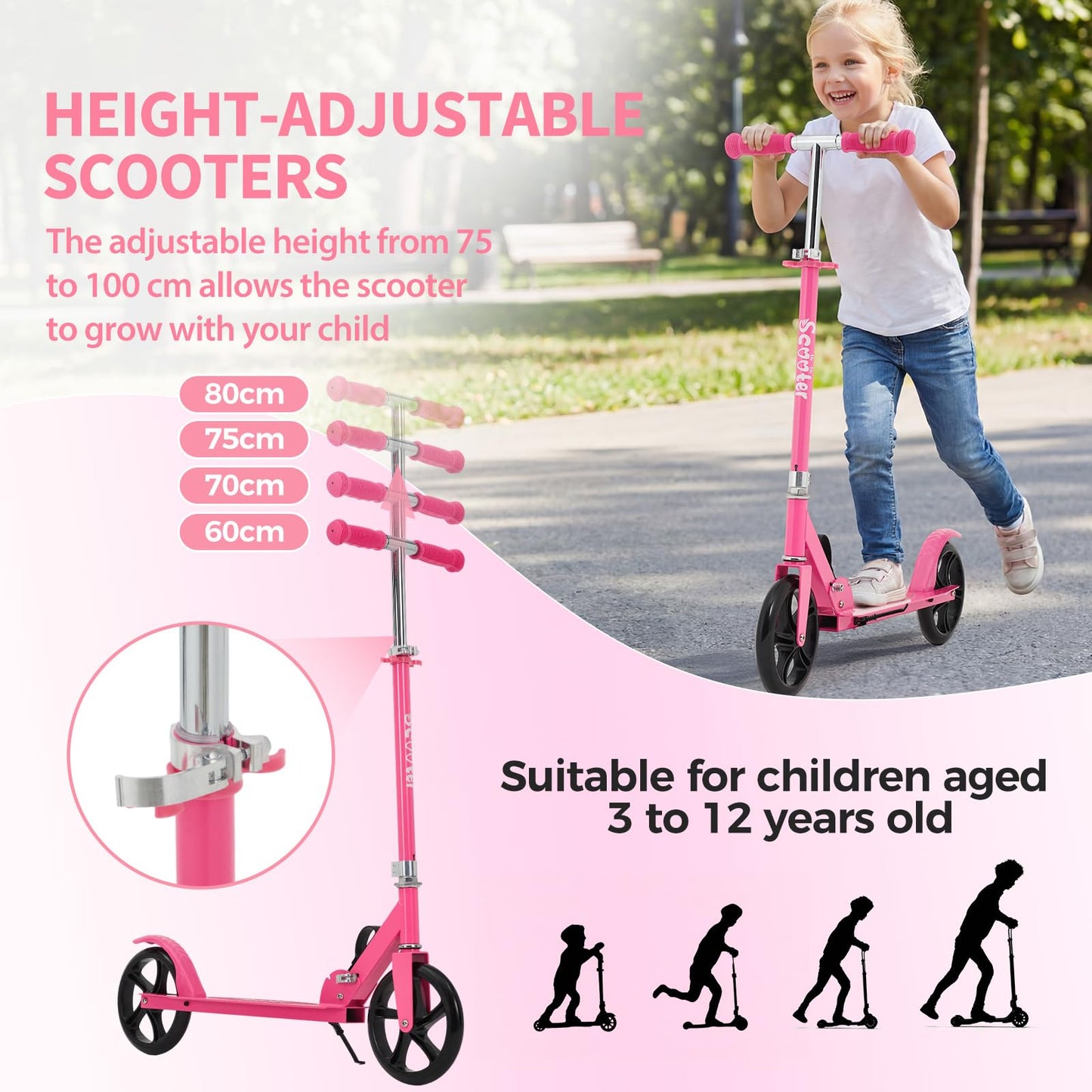 Garvee Kick Scooter for Teens Adults Kids 6+ - 220LB Capacity, 3-Level Adjustable Handlebar, Aluminum Alloy, Foldable, 8" Wheels, Outdoor Sports, Hot Pink