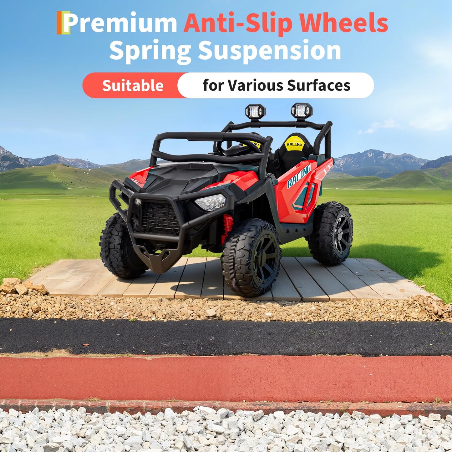 Garvee 24V 2-Seater Electric UTV Ride-On Truck for Kids Ages 2-8 – Battery Powered, Remote Control, 4-Wheel Suspension, Gradual Power-Up, 3 Speeds, LED Lights, Wireless – Red